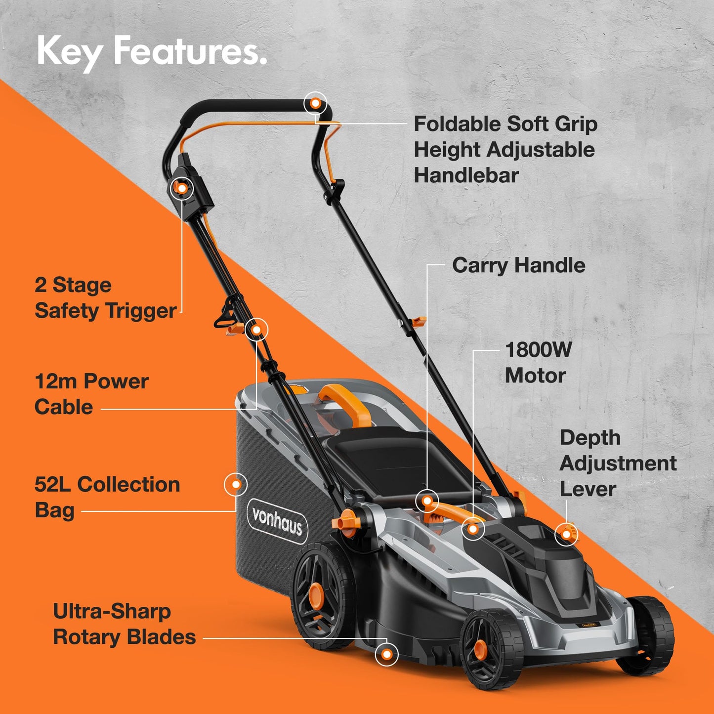 VonHaus Lawnmower 1800W – Electric Corded Lawn Mower for all Types of Grass – 52L Collection Bag, 430mm Working Width, 12m Cable, Foldable Height Adjustable Handlebar, 5 Depth Settings, Carry Handle
