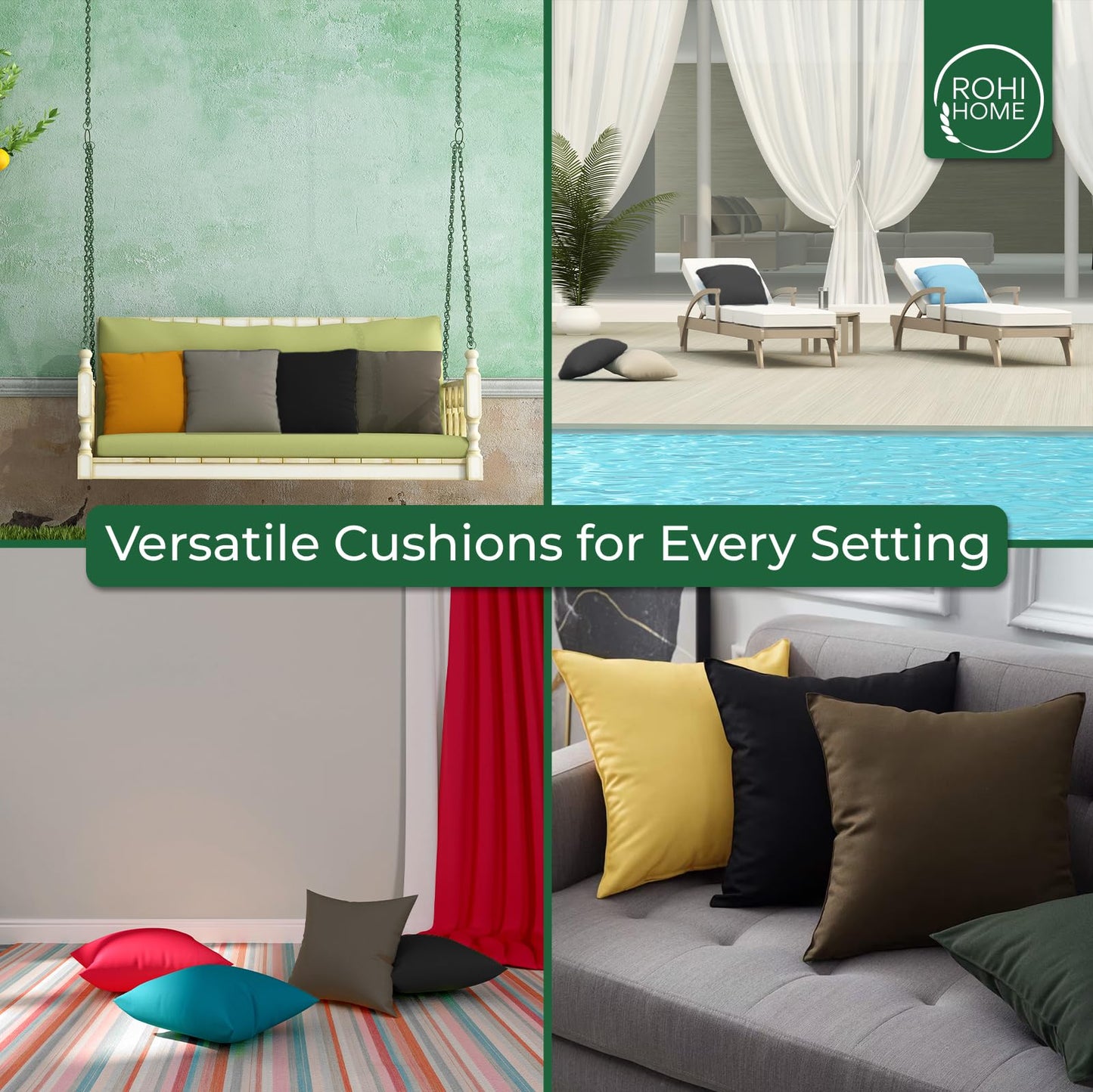 Rohi Waterproof Outdoor Cushions 2 Pack Filled – Decorative Waterproof Cushions for Garden, Patio, Couch, Tent, Balcony and Sofa (Dark Green, 18" x 18")