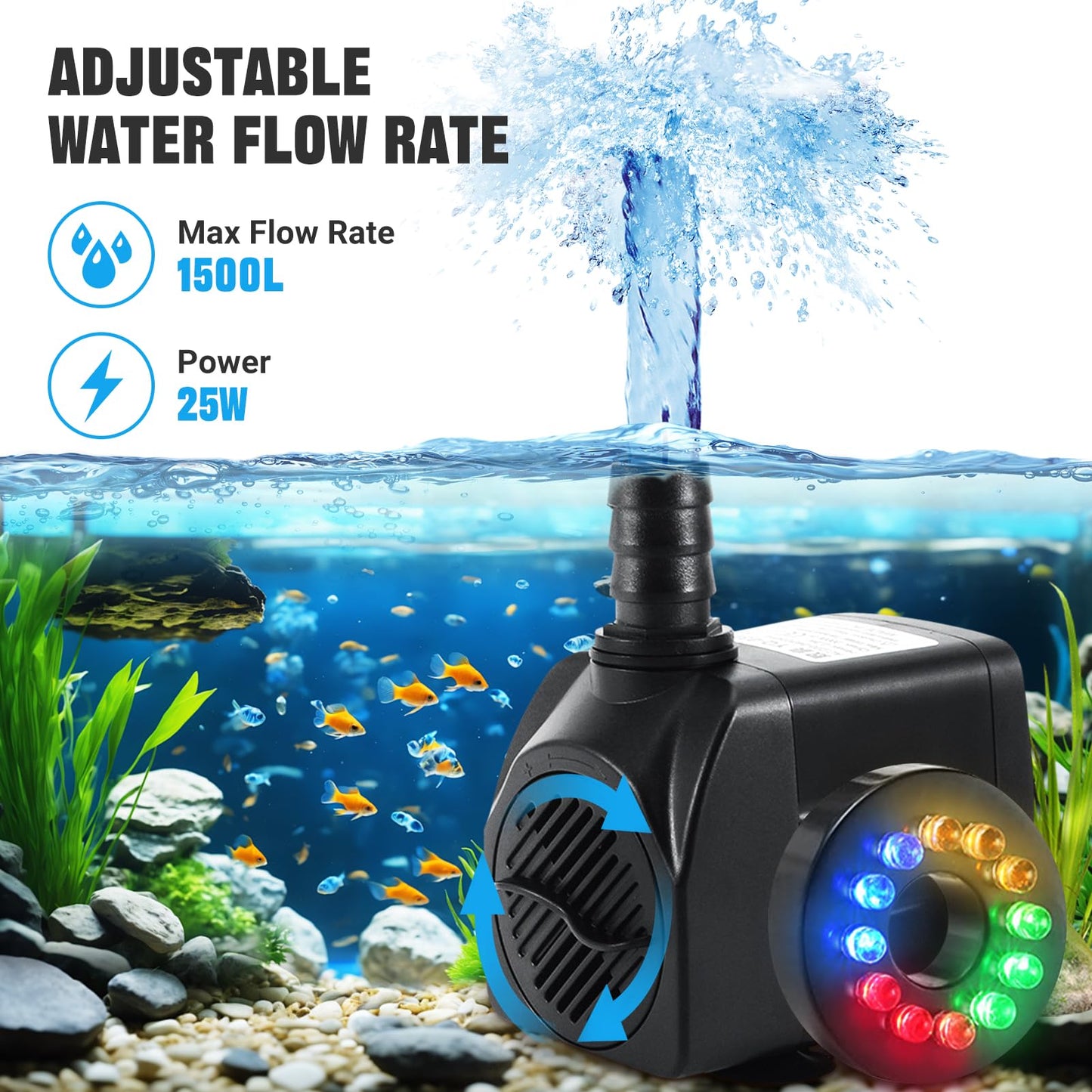 Submersible Water Pump, 25W 1500L/H Fountain Pump with 12 Color LED Light for Fountain Pool Garden Pond Fish Tank Aquarium Water (with Tubing)