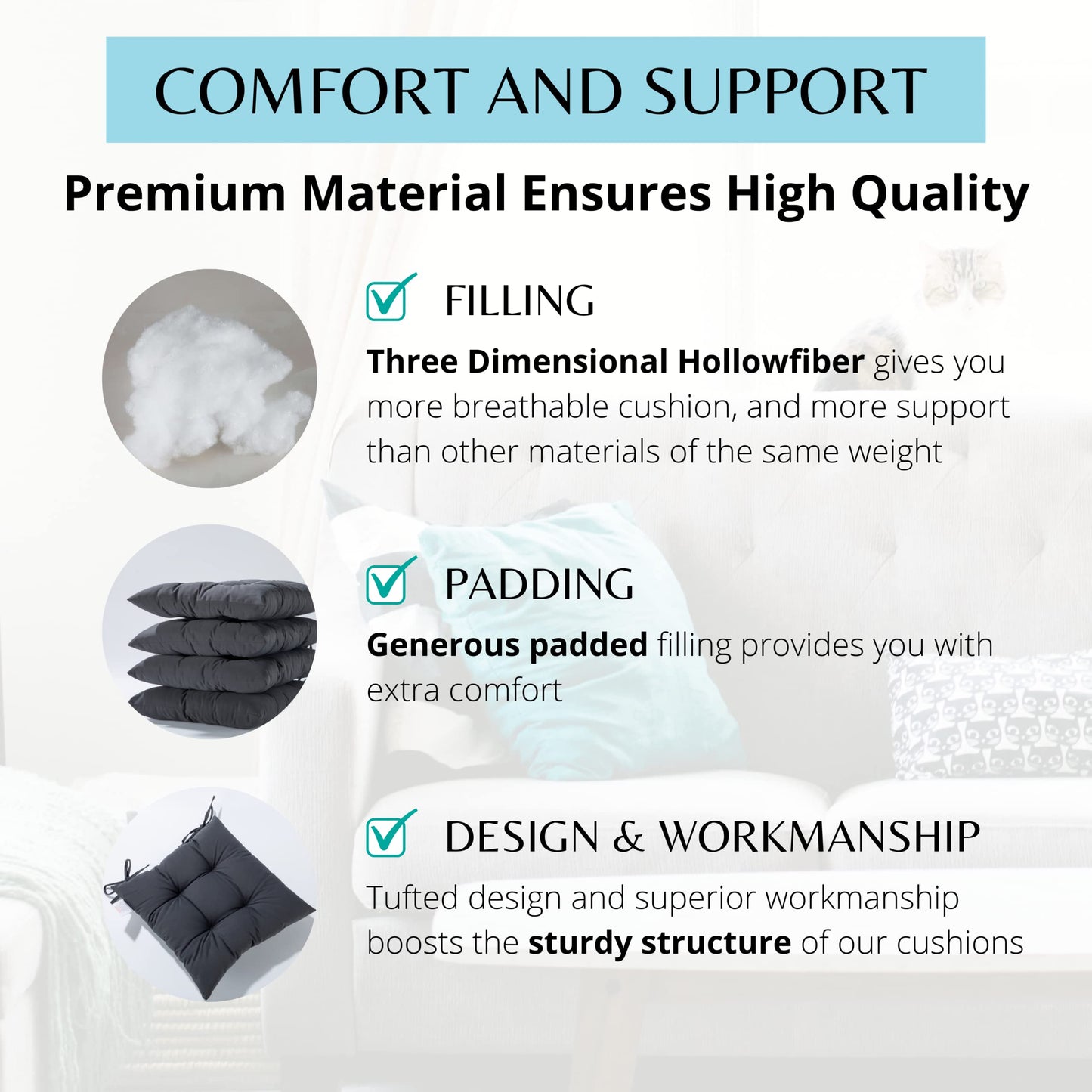 HAMO Garden Chair Cushions Outdoors Seat Pads, Set of 4, 40x40 cm, 16x16 inches (Graphite)