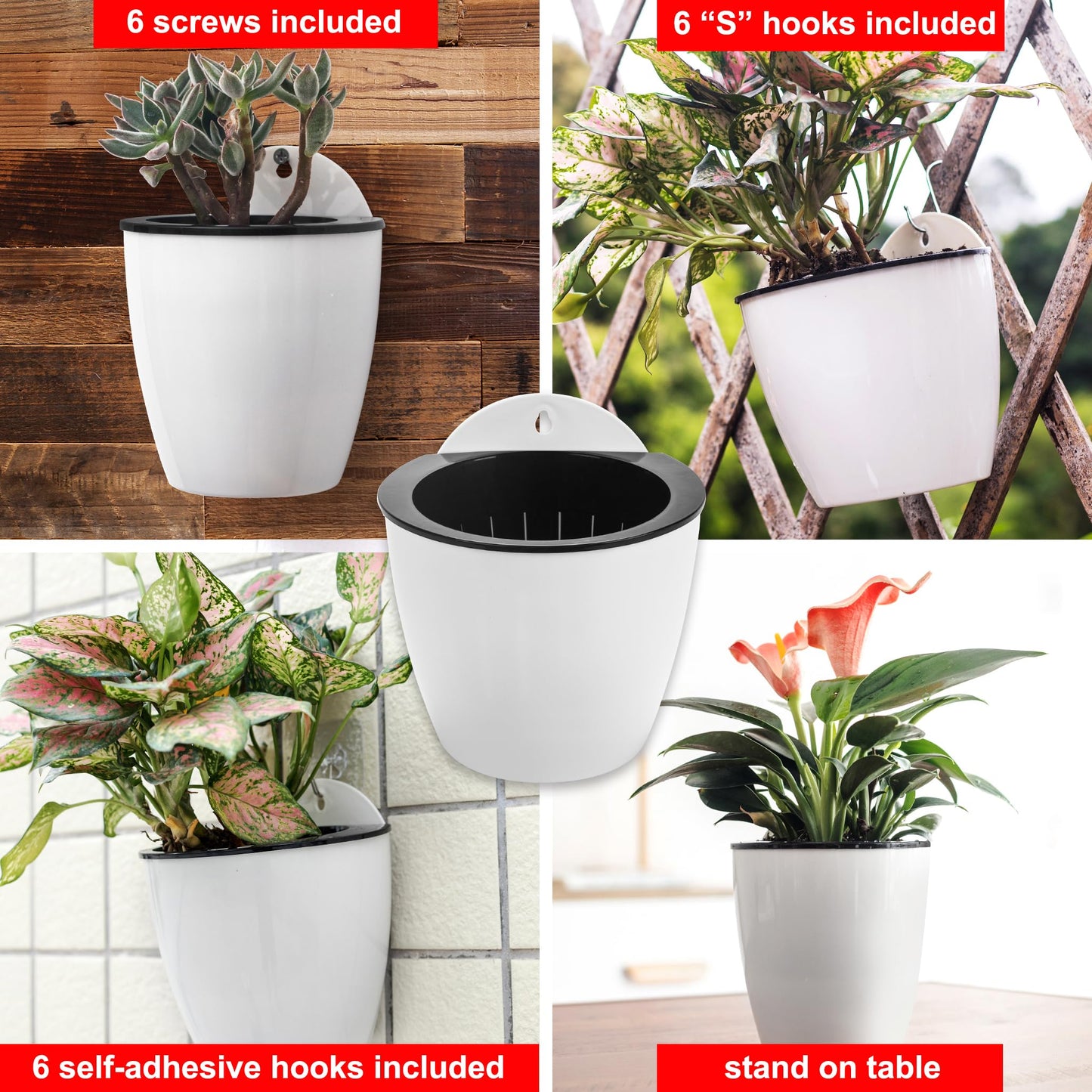 ORIMERC 6 Pack Self Watering Plant Pots Wall Hanging Basket Over Fence Planters Vertical Garden Hang Plastic Container Indoor Outdoor for Plants Flowers Succulent Living Herbs Holder White Large
