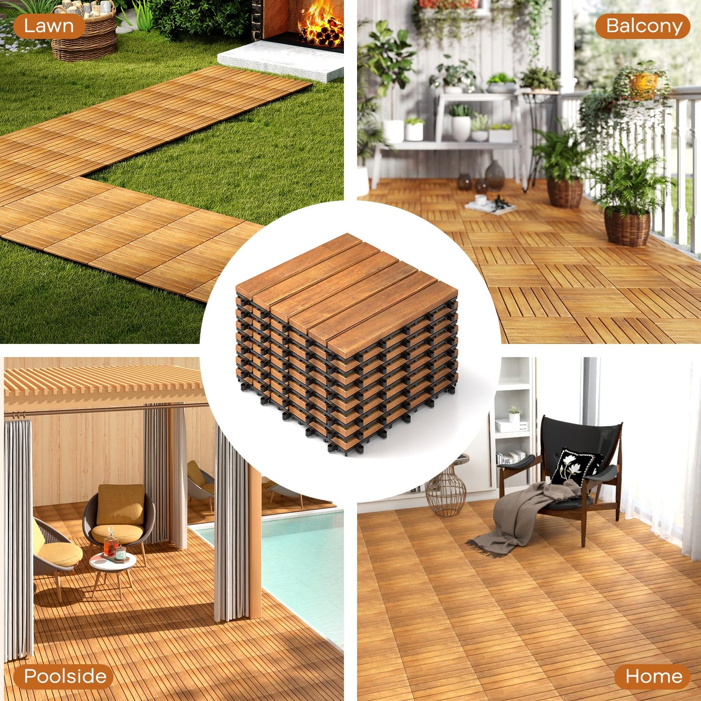 COSTWAY 27 Pcs Decking Tiles, 30 x 30cm Acacia Hardwood Interlocking Floor Tiles, Cuttable Deck Tile for Indoor Outdoor Patio Garden Balcony Pavement, Tools Free Assembly