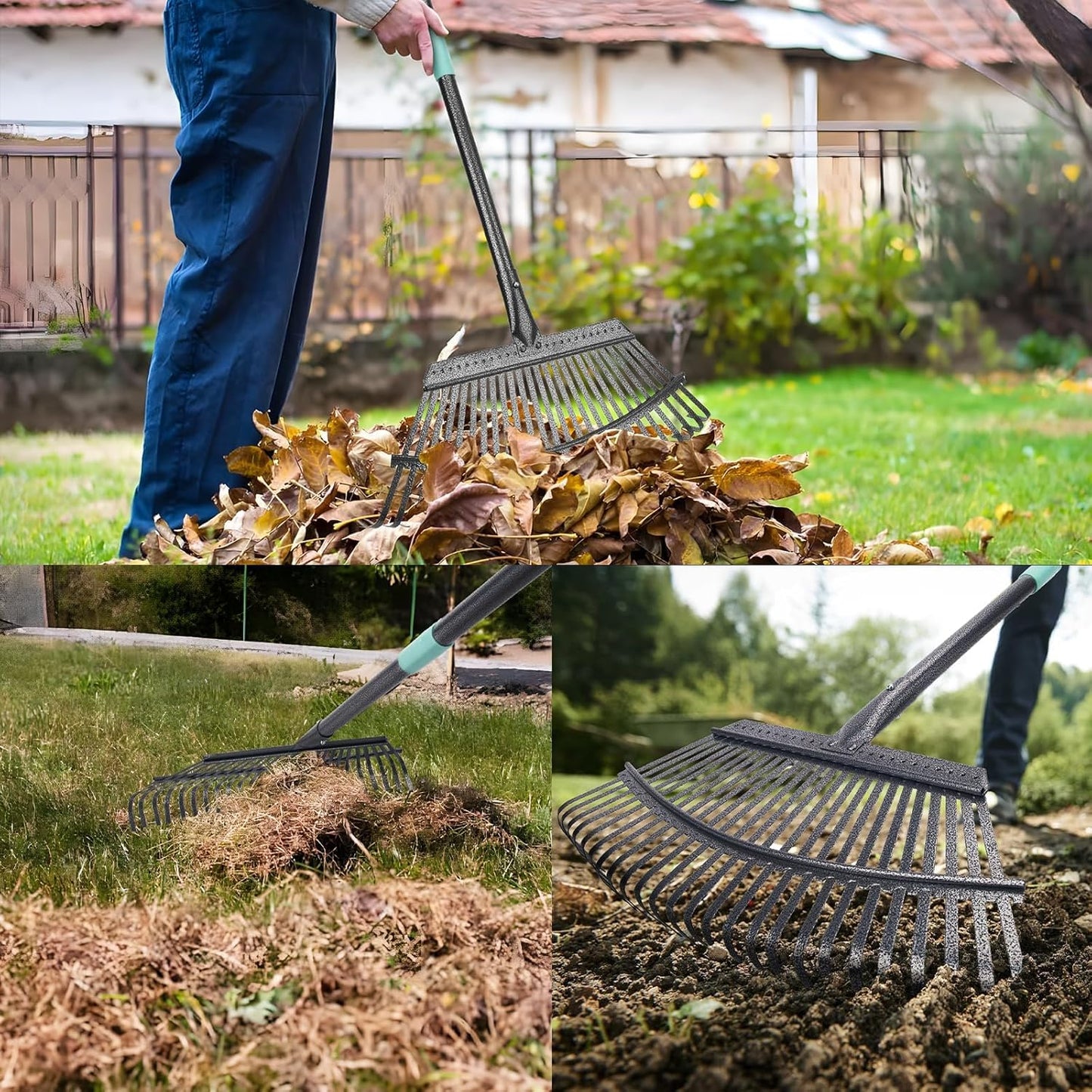 Garden Leaf Rake ,18.5" Wide Heavy Duty Leaf Rake with 25 Metal Tines, Leaves Rakes with 6FT Adjustable Handle for Yard Lawn Shrub Garden Leaves