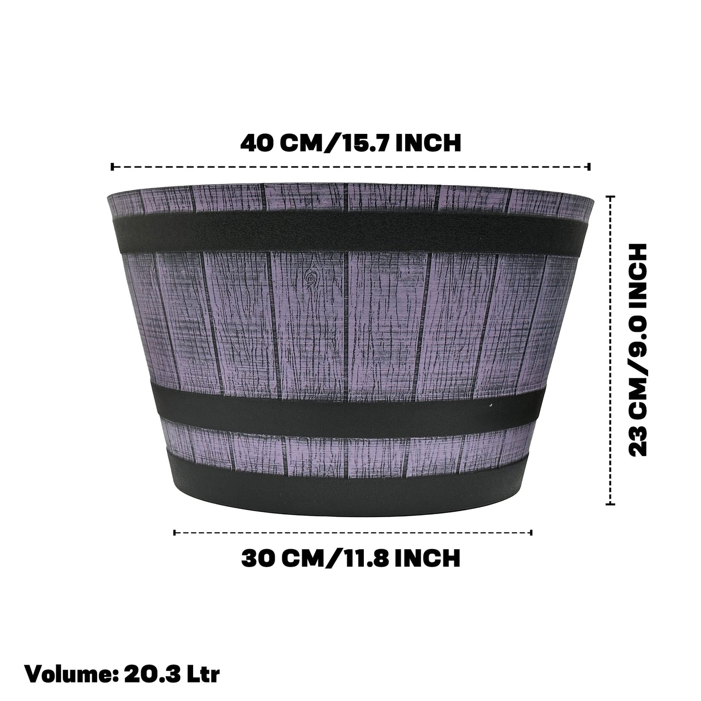 SG Traders Large Half Barrel Cask Planter, Flower Pots Outdoor Garden Planters, Indoor Plant Pot with Drainage Holes, Plastic, Stone Grey with Black Straps, 40cm