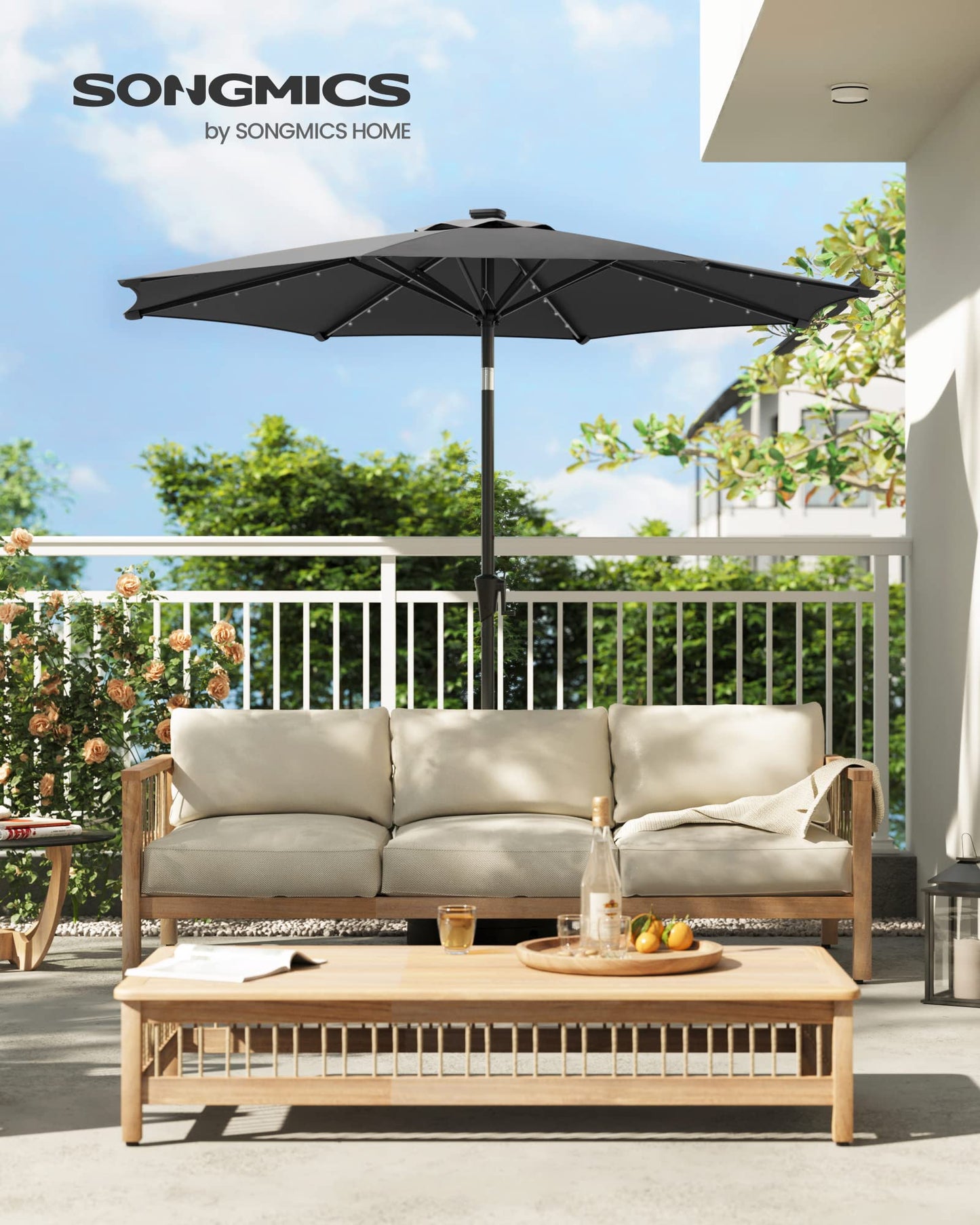 SONGMICS Parasol 300 cm with LED Solar Lighting, 32 LED Lights, UV Protection UPF 50-, 30° Bendable, for Garden, Patio, Pool, Balcony, without Stand, Grey GPU33GY