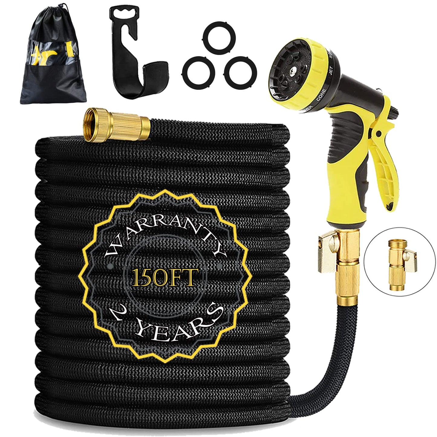 HmiL-U Garden Hose 150ft 45m Strongest Double Latex Inner Tube Prevent Leaking Magic Hosepipe with 9 Function Spray Gun-Solid Brass Fittings (Retracted Length 50ft)【2 YEARS 100% Guaranteed】(150ft)