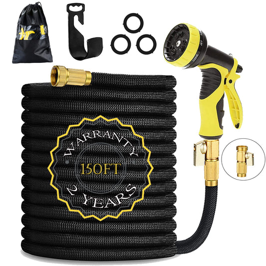 HmiL-U Garden Hose 150ft 45m Strongest Double Latex Inner Tube Prevent Leaking Magic Hosepipe with 9 Function Spray Gun-Solid Brass Fittings (Retracted Length 50ft)【2 YEARS 100% Guaranteed】(150ft)