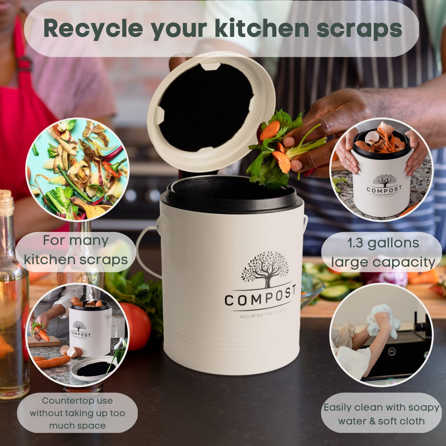 Perfnique Kitchen Compost Bin, 5 Liter/1.3 Gallon Countertop Compost Bin with Lid, Indoor Compost Bucket Includes Inner Bucket Liner and Carbon Filter, Small Compost Bin