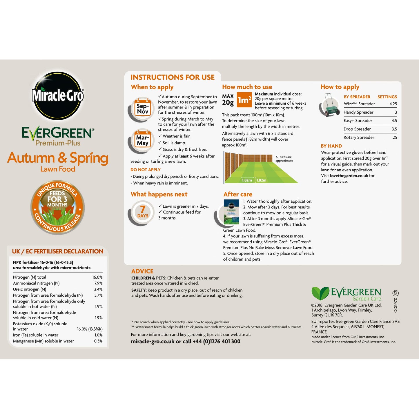 Miracle-Gro EverGreen Premium Plus Autumn & Spring Lawn Food 2 kg - 100 m2, Green