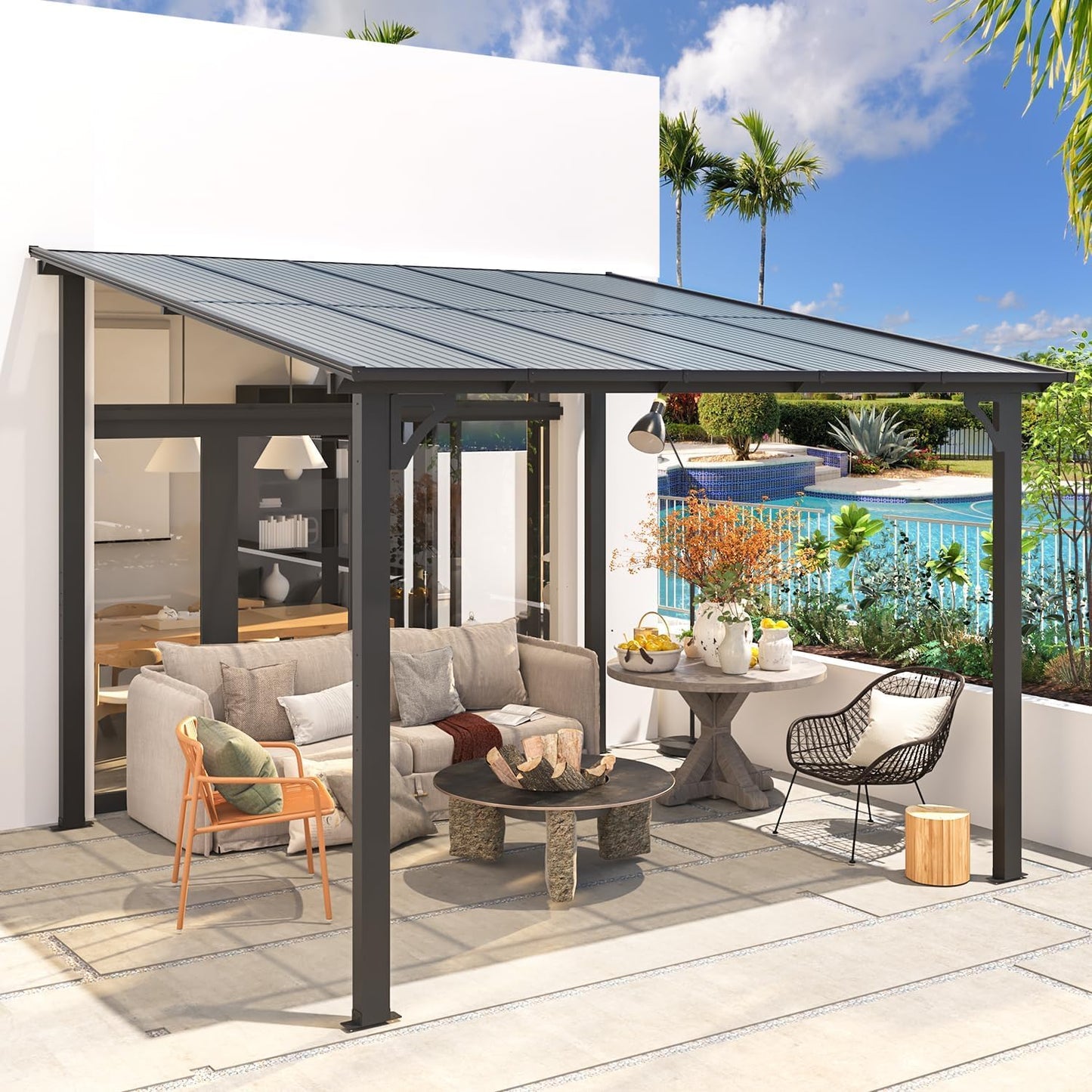 U-MAX 3m x 3m Aluminium Gazebo,Wall-Mounted Awning Gazebo，Lean to Pergola,Hardtop Roof Heavy Duty Metal Pergola for Outdoor Garden