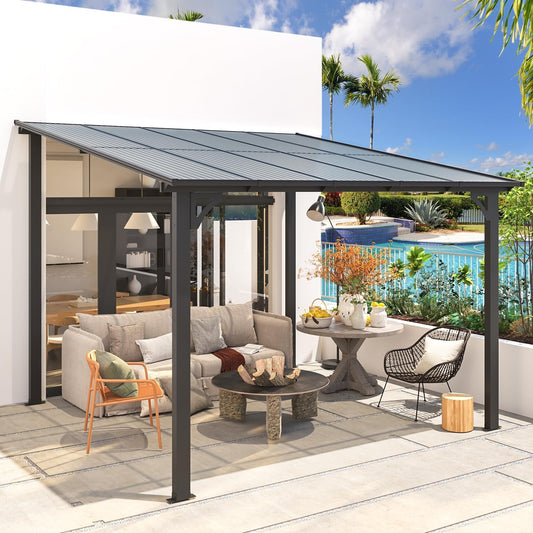 U-MAX 3m x 3m Aluminium Gazebo,Wall-Mounted Awning Gazebo，Lean to Pergola,Hardtop Roof Heavy Duty Metal Pergola for Outdoor Garden