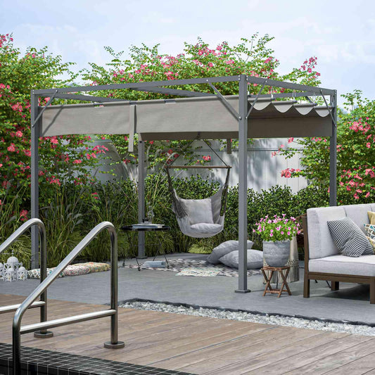 BIRCHTREE Steel Frame Pergola Gazebo 180g PE Polyester UV-Resistant Backyard Garden Sun Shade Roof Shelter Porch Awning Retractable Slide Canopy Outdoor Grape Trellis Patio 3X2M Grey