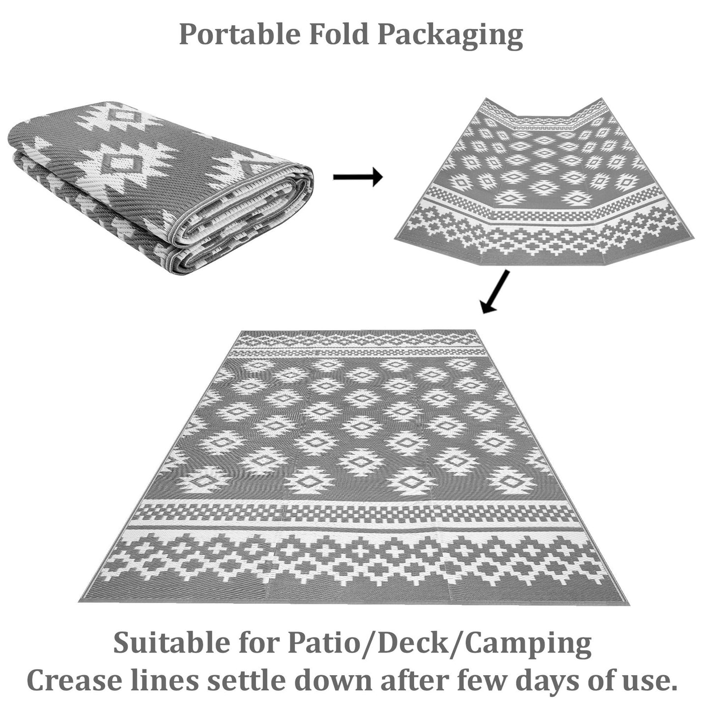 Green Decore Reversible Recycled Plastic Camping and Picnic Rugs | Perfect for Garden, Patio, Picnic, Decking | Stain And Water Resistant | Riffle Sharkskin Grey/White 120 x 180 cm