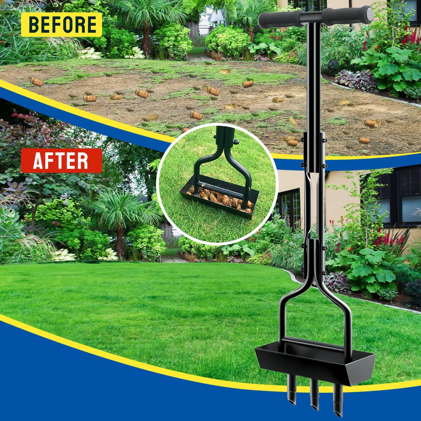vanpein Lawn Aerator, Coring Manual Hollow Tine Aerator with Soil Column Collection Box, Core Aerating Tool, Heavy Duty Aeration for Compacted Soils and Lawns to Prevent Compaction, Black