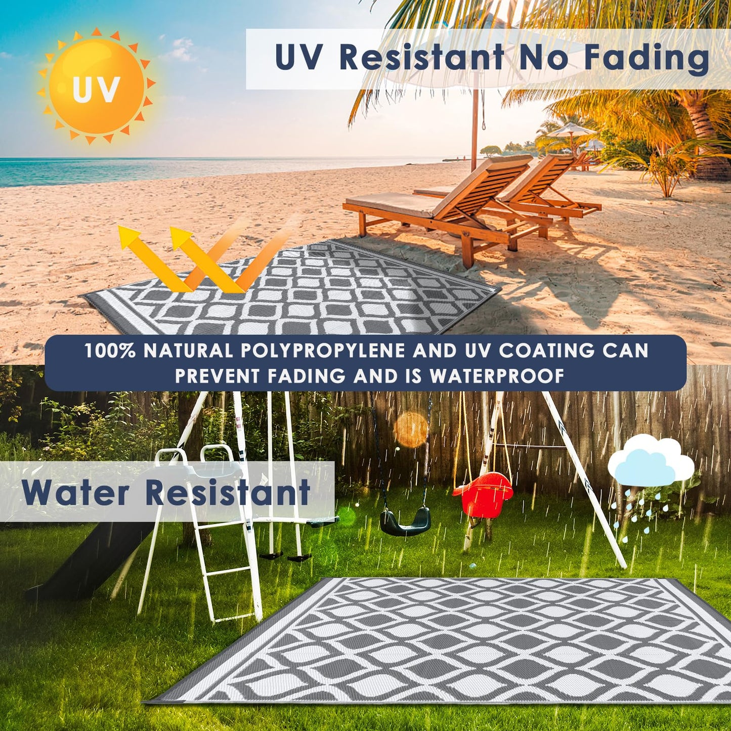VK·living Outdoor Rug for Garden Patios Waterproof 120X180cm Reversible Carpet Durable & UV Resistant Modern Outdoor Mat Portable Lightweight Area Patio Rugs for Balcony Camping Yard RV Grey&White