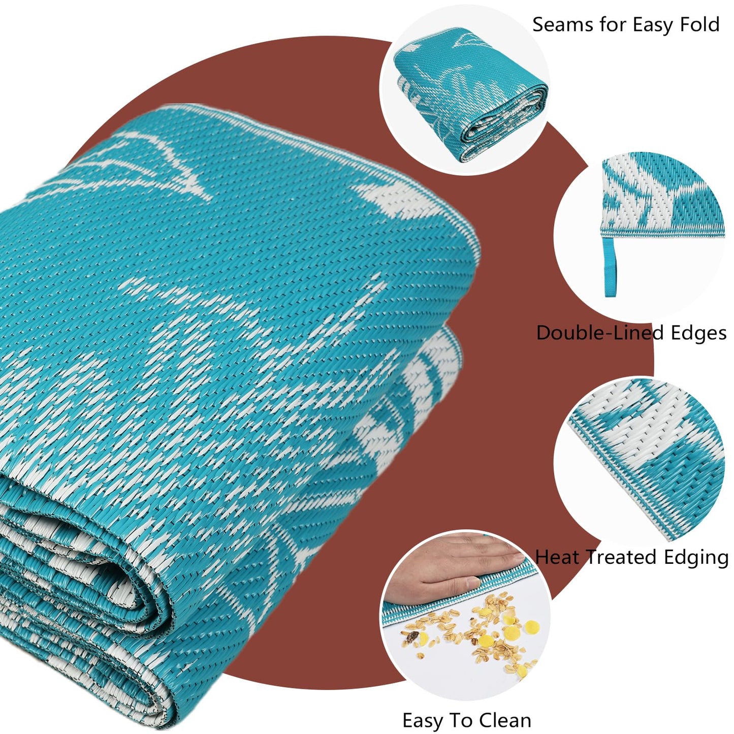 Falflor 150x245cm Outdoor Reversible Rug Waterproof Outdoor Patio Rug Plastic Large Floor Mat Lightweight Indoor Outdoor Rug Carpet Plastic Straw Rug for Camping Deck RV Backyard Picnic(Teal)