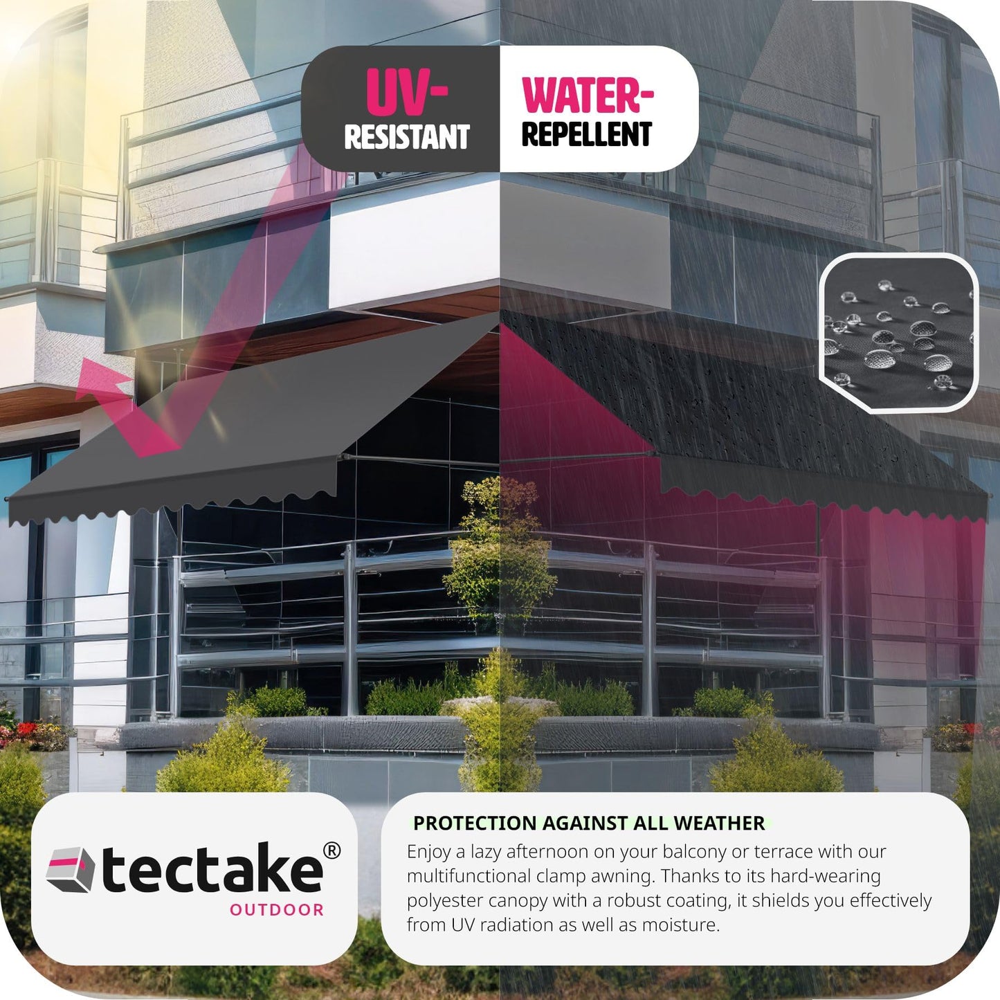 tectake Garden Patio Retractable Awning, Manual with Hand crank, Sun shade Canopy with UV and Rain Resistance, Clamp System with No Drilling Required - black/grey