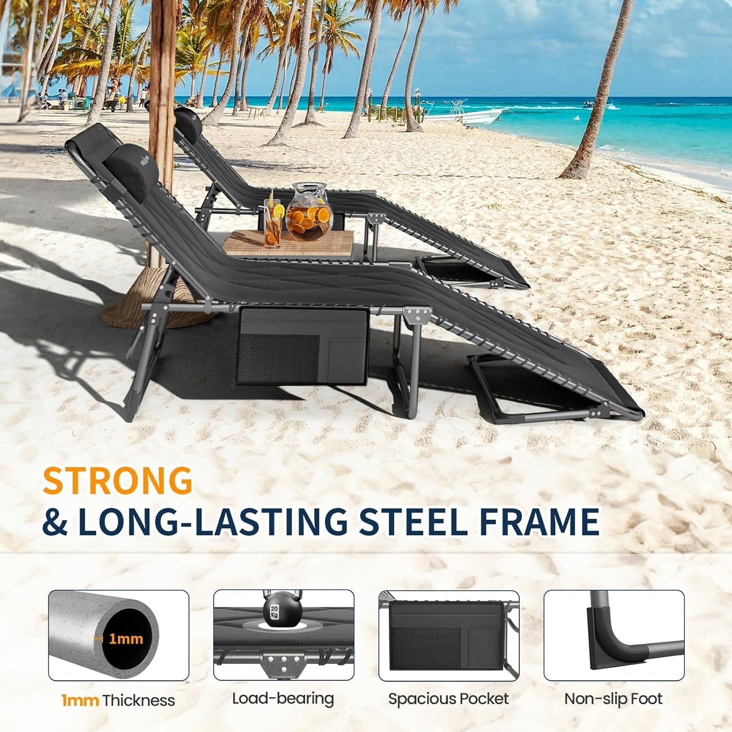 UDPATIO Padded Sun Lounger with Extra Cushion,Foldable Camp Bed With Adjustable Backrest Headrest,Oversize Garden Lounge Chair With Side Pockets Black