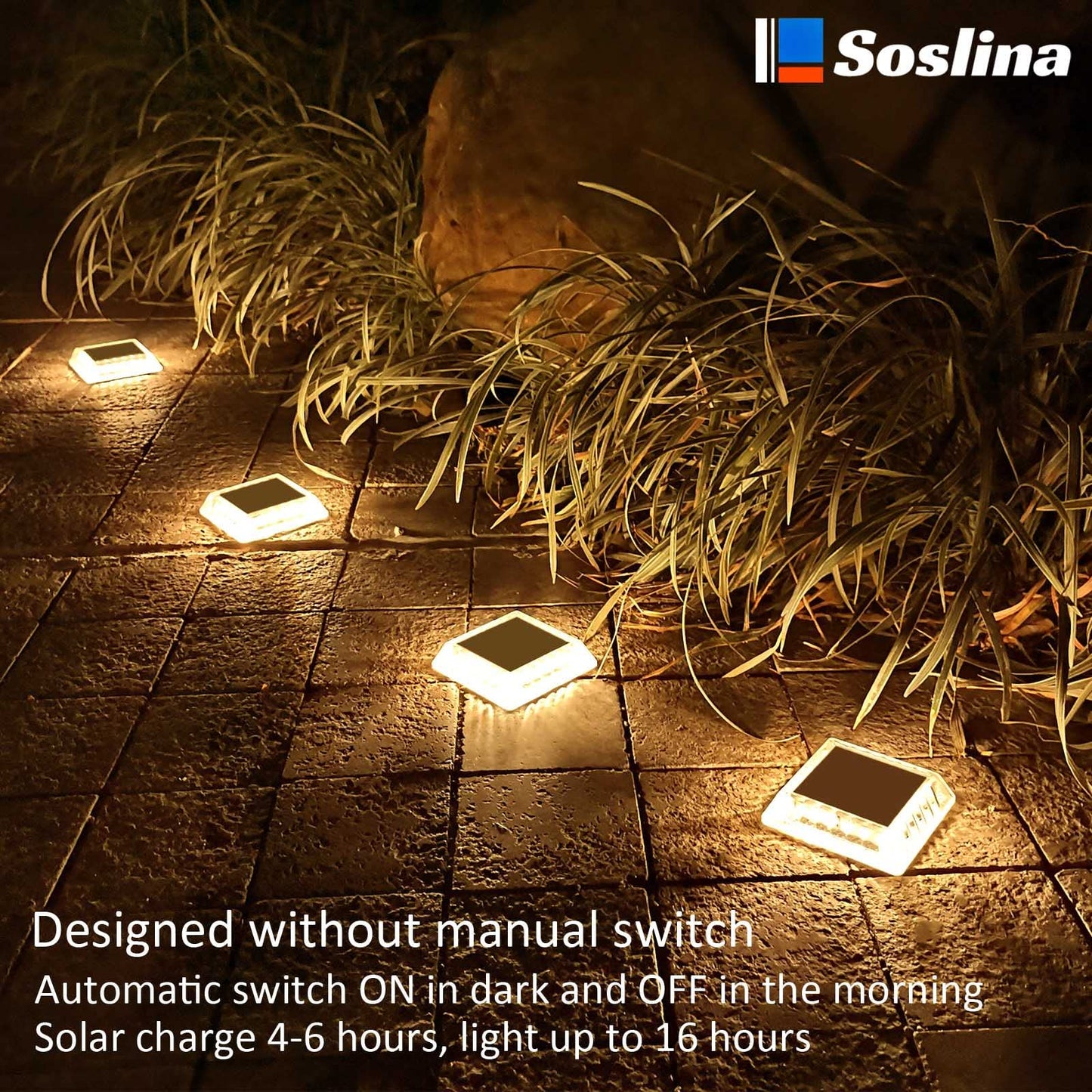 Soslina Solar Decking Lights, Solar Ground Lights Outdoor Garden, Solar Powered Step Lights Waterproof, Solar Lights for Garden Sidewalk Runway Fence Patio Pathway Driveway Dock, Warm White, 4 Pack