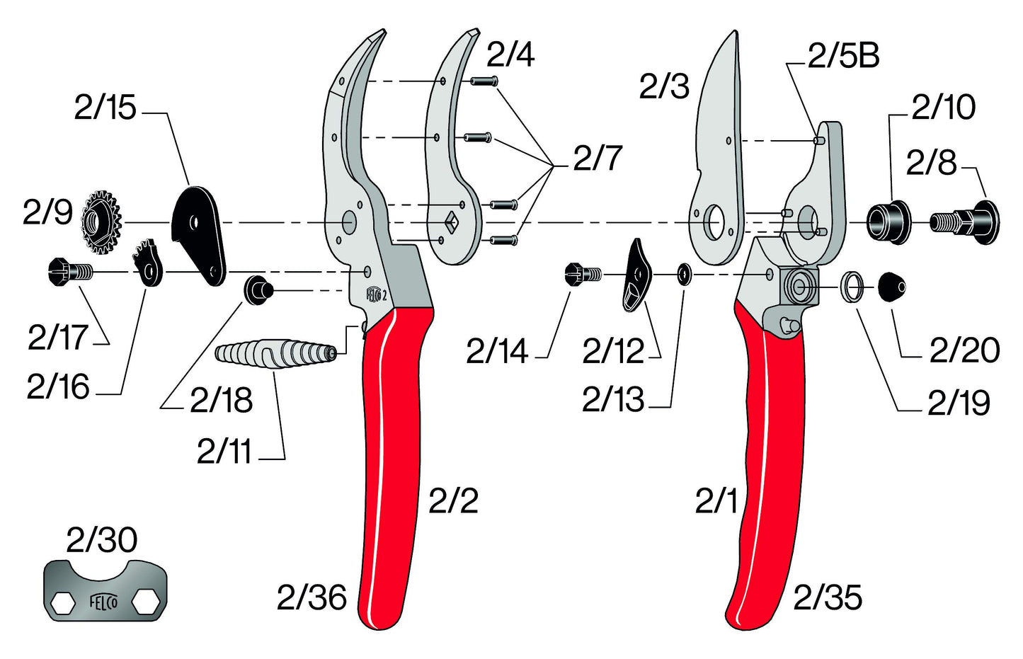 FELCO 2 Pruning Shears – 25 mm Cutting Diameter, for Large Hands, 215 mm Length, with Sap Groove, Ergonomic Handles, Red