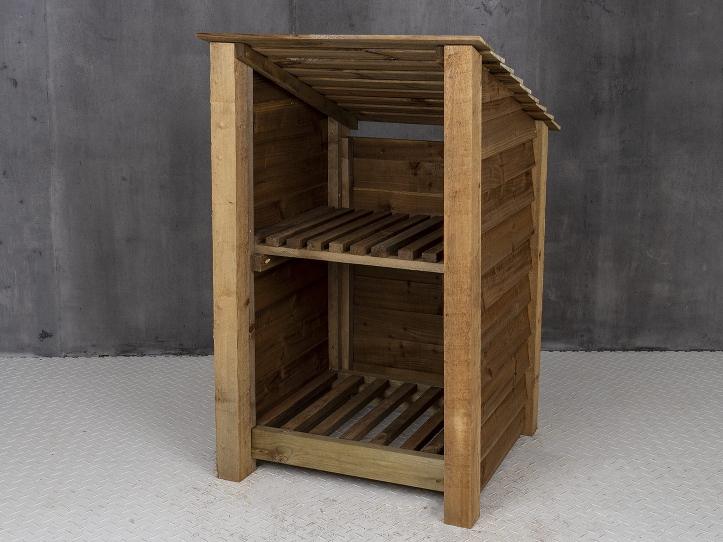 Arbor Garden Solutions wooden log store 4ft, firewood storage (W-79cm, H-126cm, D-88cm), brown finish (With kindling shelf (roof sloping back))