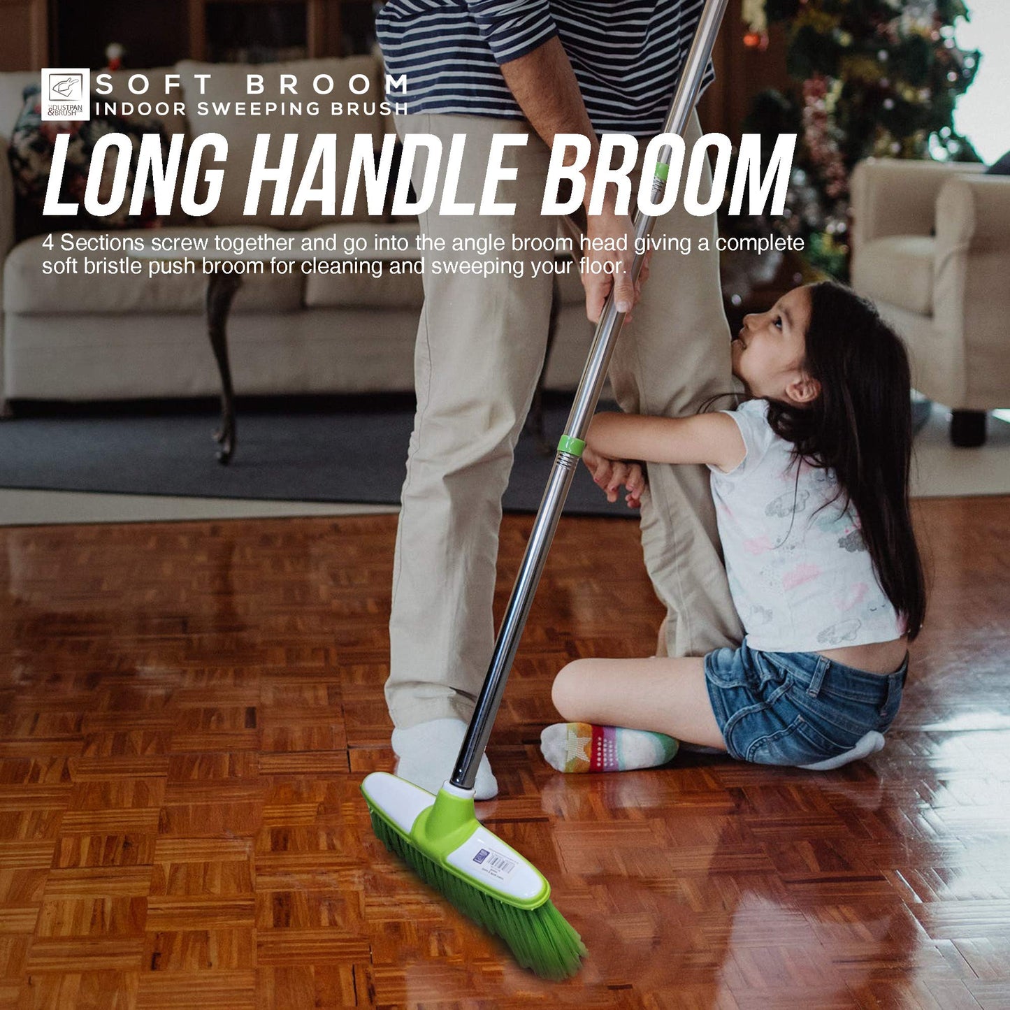 Soft Broom Indoor Sweeping Broom Brush with Stainless Steel Handle - The Perfect Indoor Sweeping Kitchen Floor Brush Broom for Your House - The Long Handled Brush Sweeper Broom (Green)