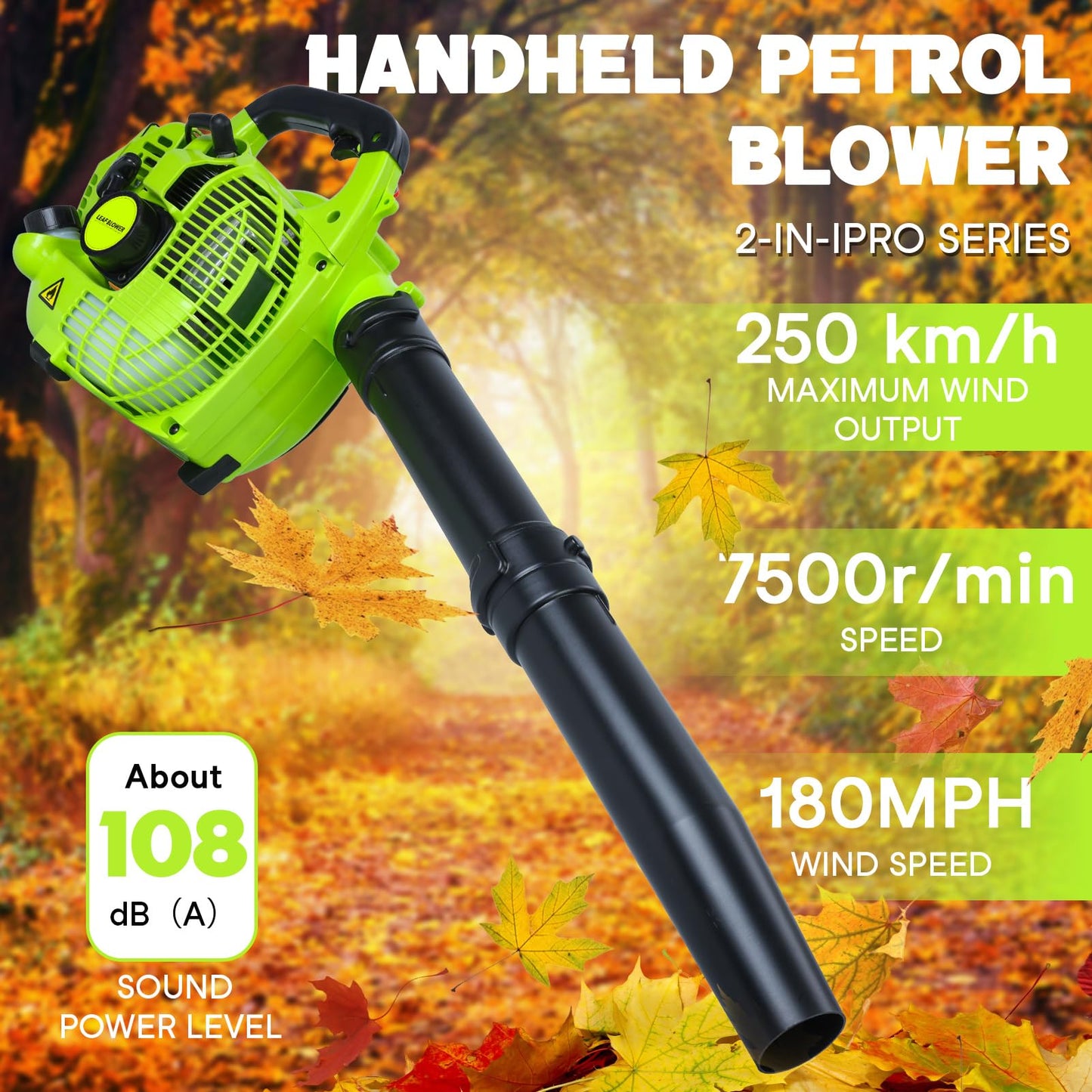 Cordless Petrol Leaf Blower, 26cc Snow Grass Lawn Blowers, Vacuum Powerful 2 Stroke Air Cooled Engine, Portable Handheld, For Blowing Leaves, Wood Chips, Dust, Garden Debris, Grass Cuttings (Green-A)