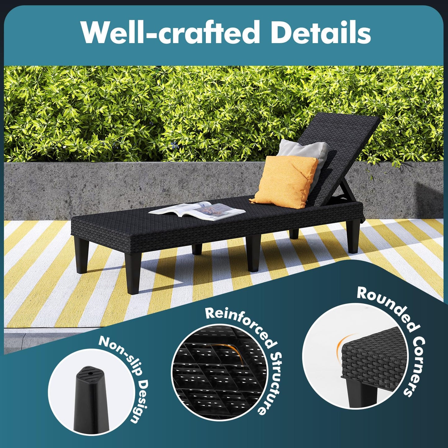 COSTWAY Garden Sun Lounger, PP Rattan-Style Patio Chaise Lounge Deck Sunbed with 3-Position Adjustable Backrest and 6 Legs, Outdoor Sunbathing Recliner Chair for Balcony Poolside Beach, Black