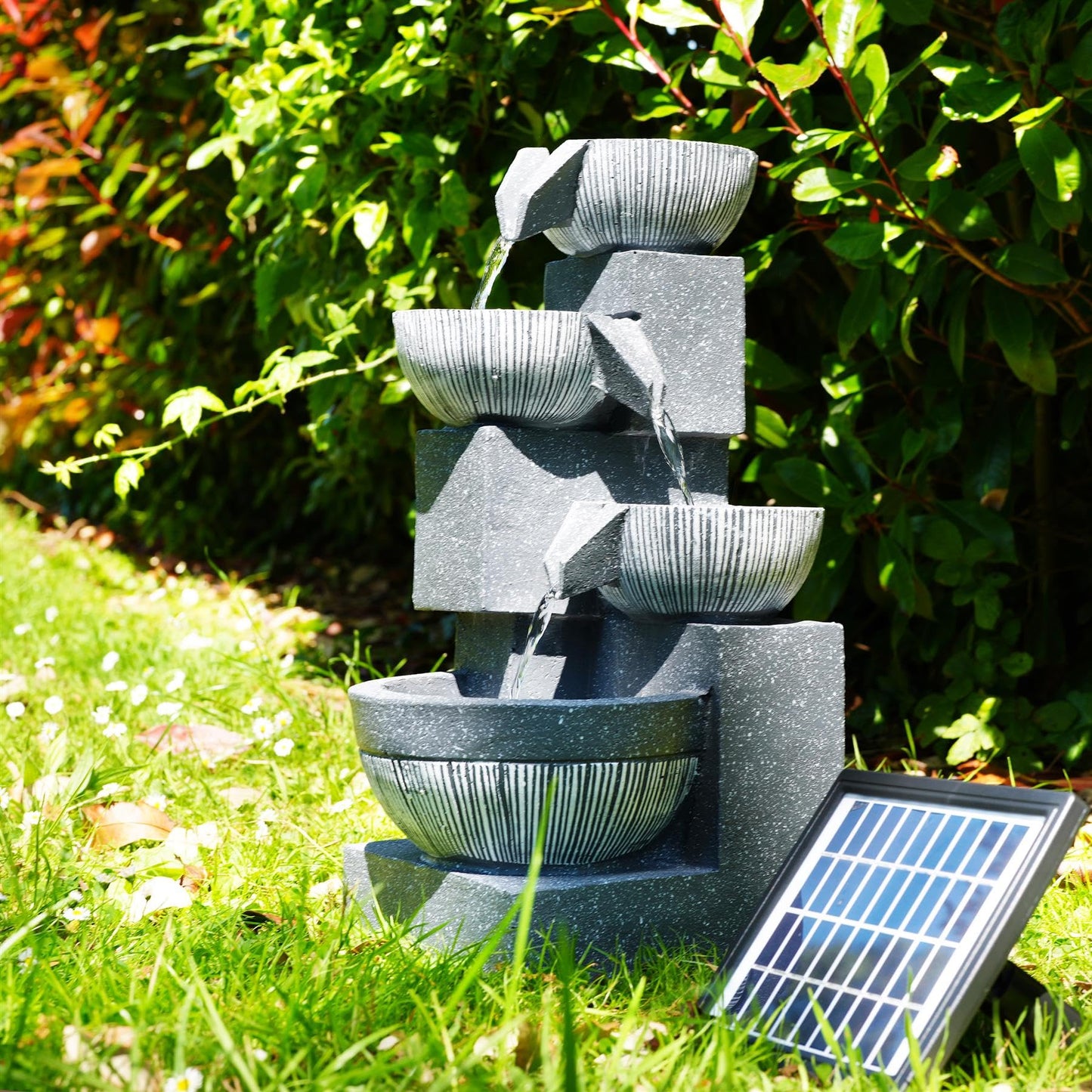 GEEZY Solar Water Features for the Garden – Outdoor 4 Tier Bowl Fountain with LED Lights – Solar Powered, Self-Contained – Easy Setup, Relaxing & Cascading – Ideal for Garden, Patio & Balcony Decor