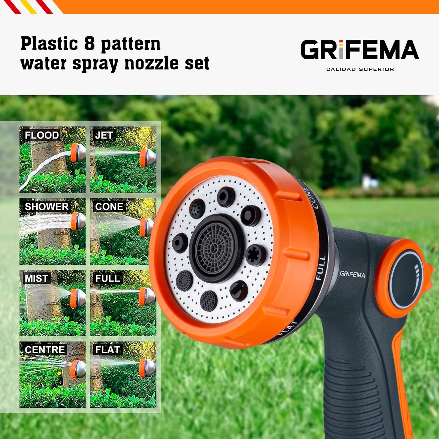 GRIFEMA GE1303-1 Hose Pipe Spray Gun Set, 8 Adjustable Patterns Nozzles, High Pressure Garden Sprayer For Lawn & Garden Watering Equipment Include Hose Connectors, Orange/Black