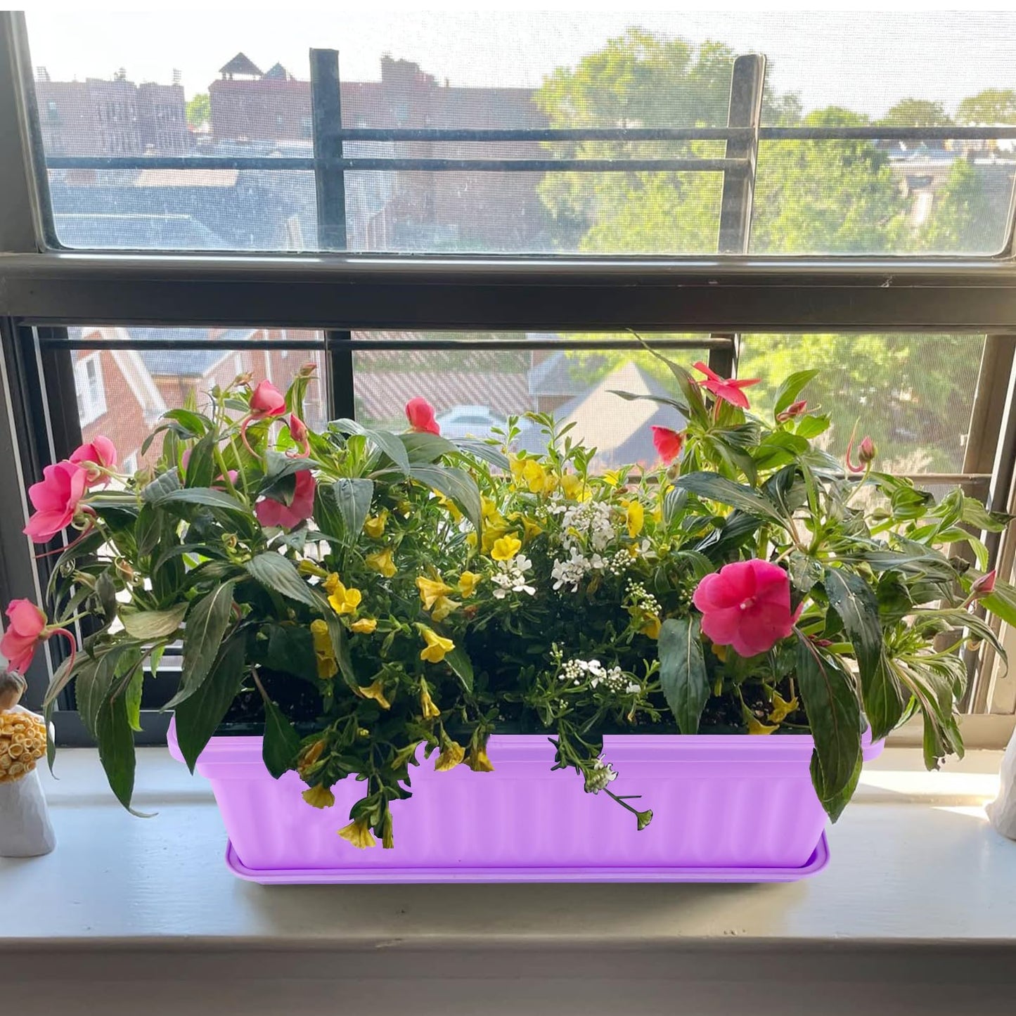 ZOENHOU 6 Pack 43cm Flower Window Box, 17 Inch Rectangular Plastic Window Box Planter with Trays and 30 Green Labels for Windowsill, Patio, Garden, Home Décor, Porch