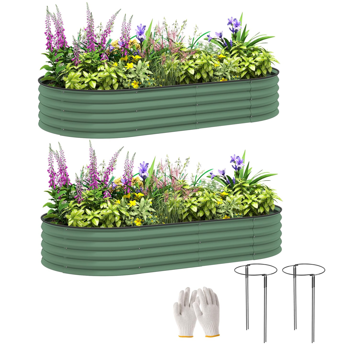 Outsunny Set of 2 Raised Beds for Garden, Outdoor Galvanised Planter Box with Plant Support Stakes, Rubber Strap Edging and Bottomless for Flower, Vegetable, 181 x 93 x 30 cm, Green