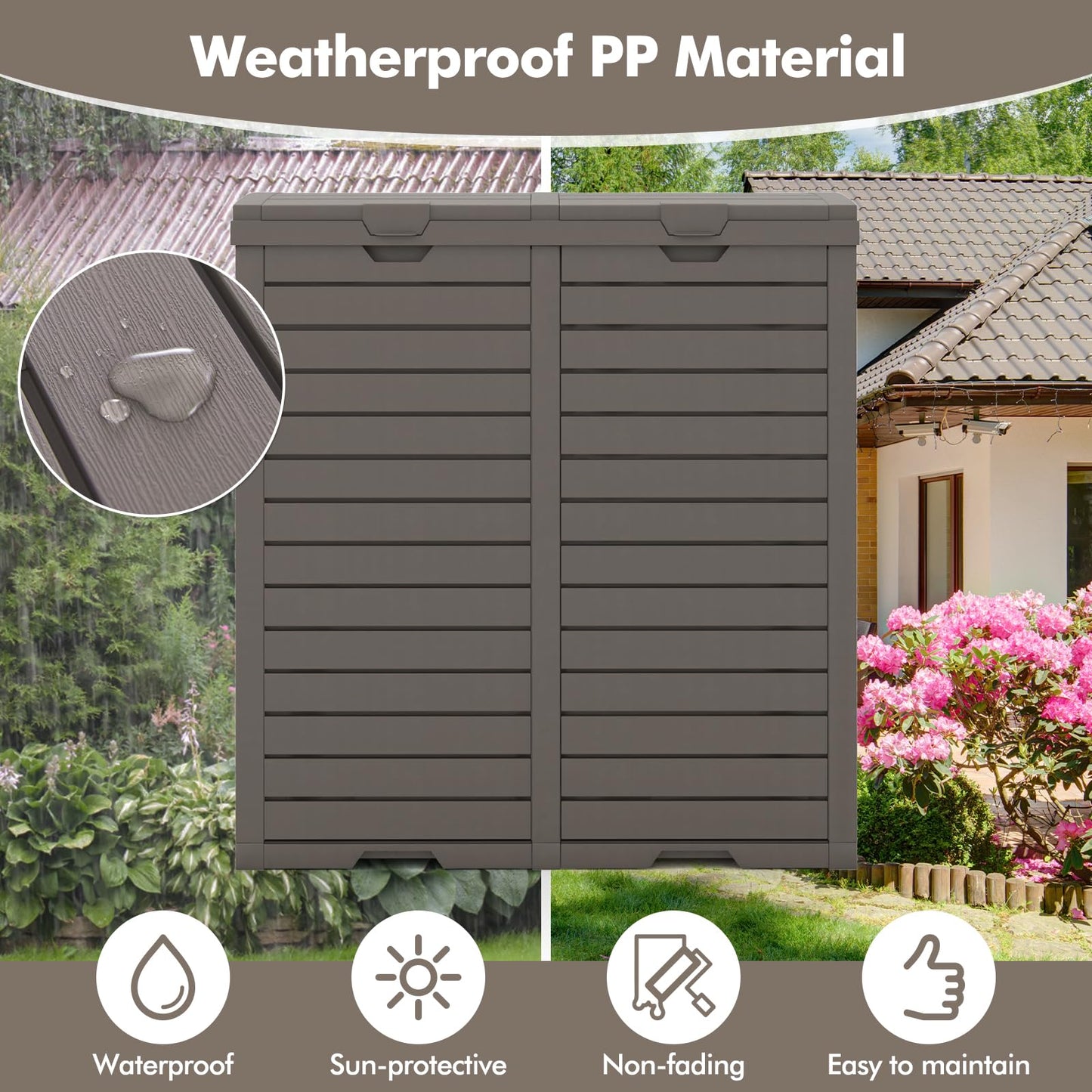 COSTWAY Outdoor Double Bin Trash Can, 235L Waterproof Resin Garbage Can Container with Drip Tray, Dual Lid Closure Design and Handles, Outside Waste Trash Bin for Garden Patio Backyard