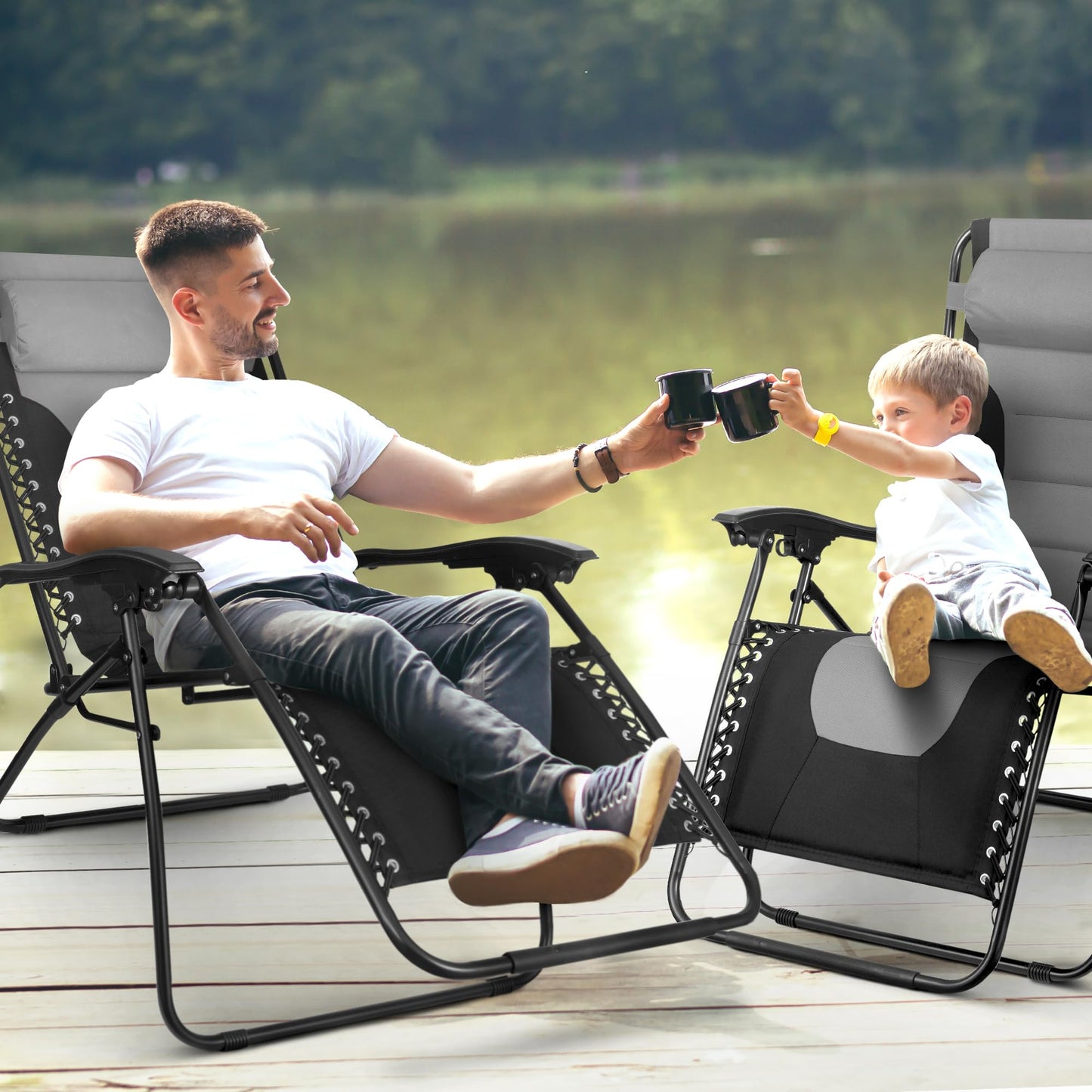 KEPLIN Set of 2 XXL Premium Heavy Duty Textoline Zero Gravity Chairs - Luxurious Garden Recliners, Adjustable Headrest, Cup & Phone Holder, Foldable & Easy to Clean Patio Sun Loungers (Light Grey)
