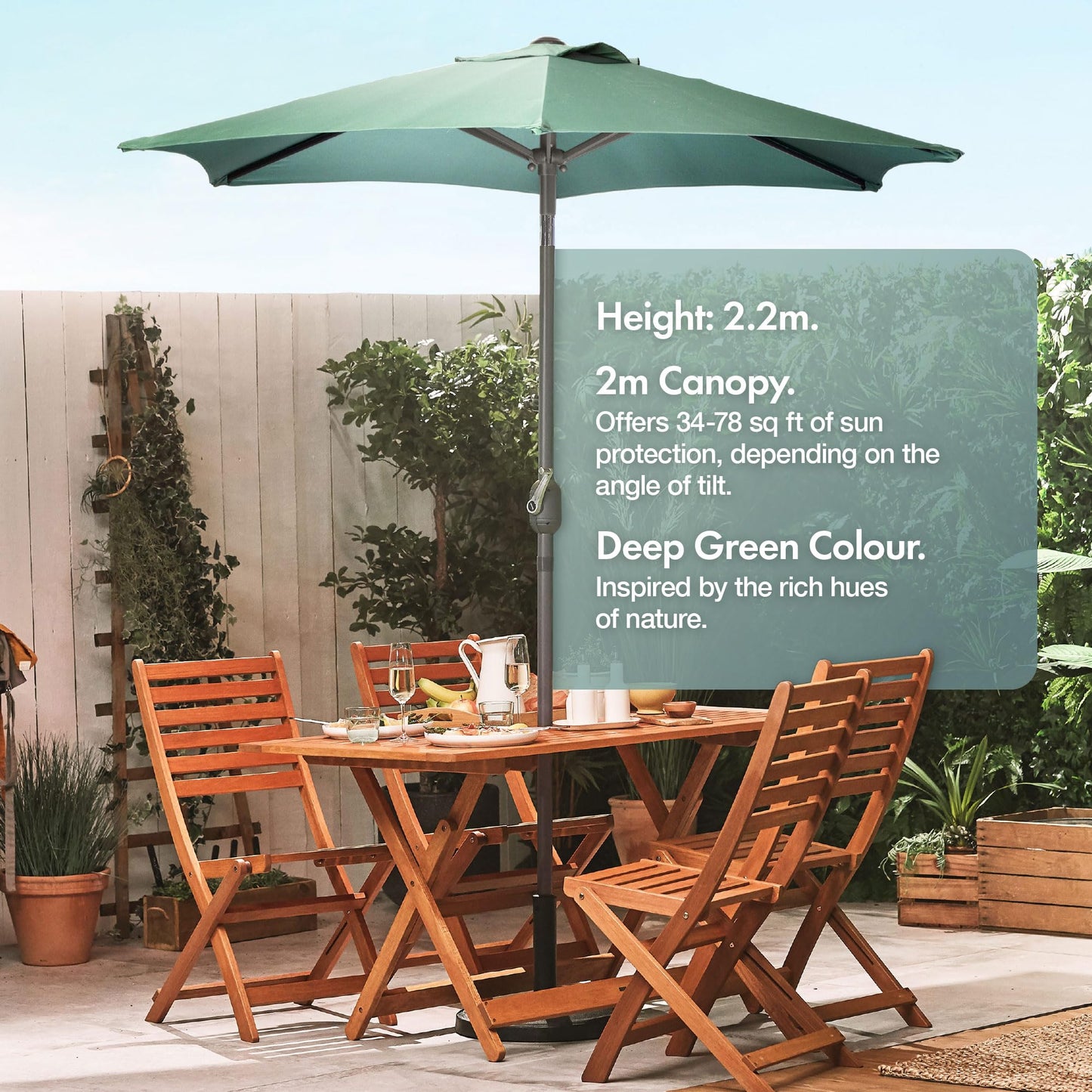 VonHaus Parasol 2M – Parasol Umbrella for Outdoor, Garden, Patio – Sun Shade Canopy with Hand Crank, Tilt Function, UV30- Protection, Air Vent, Powder Coated Steel Frame - Dark Green