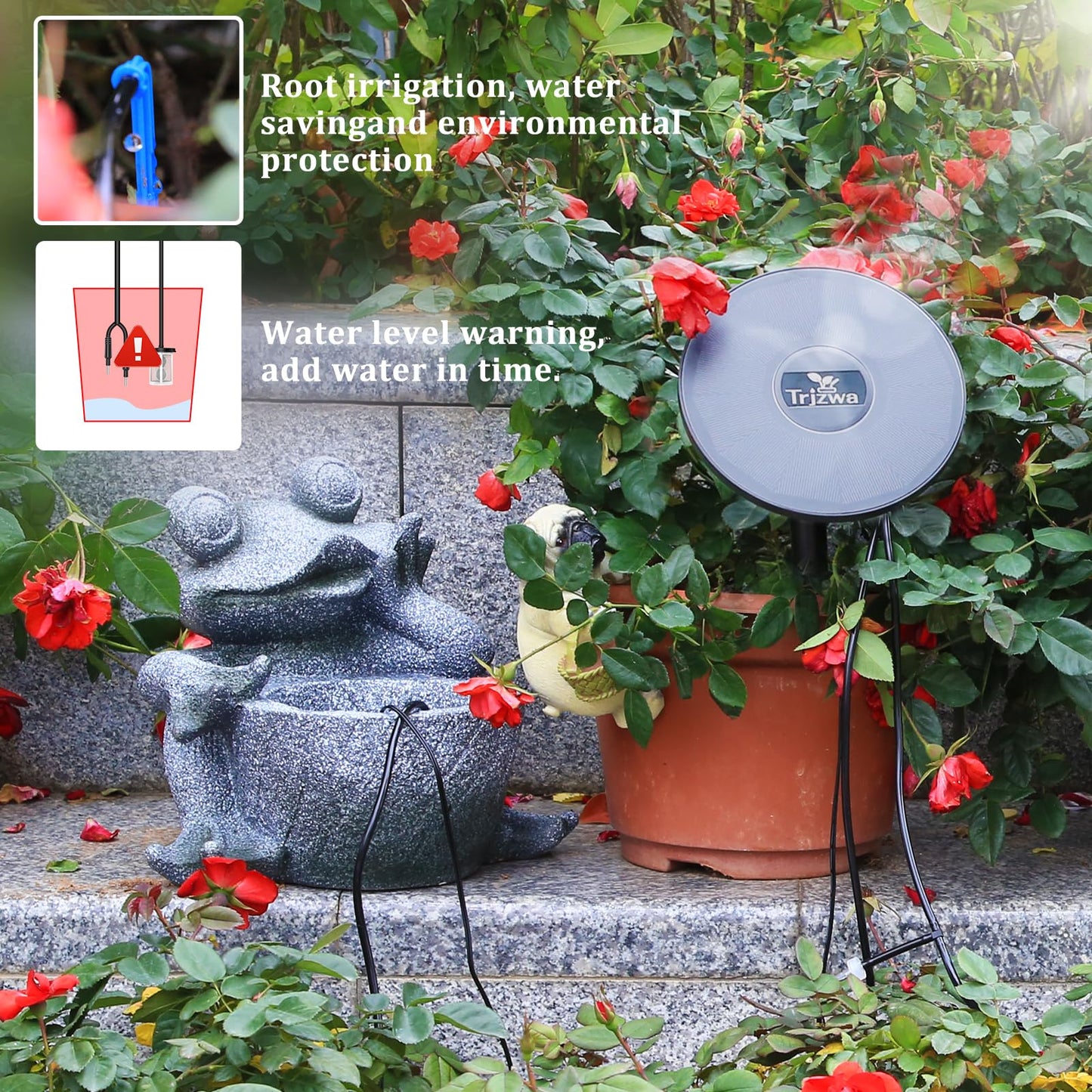 TRJZWA Solar Irrigation System Kit,2024 New Solar Garden Irrigation System DIY Automatic Watering System,2200mAh Solar Drip Irrigation System with 15 Drippers/15m Watering Hose/Early Warning Function