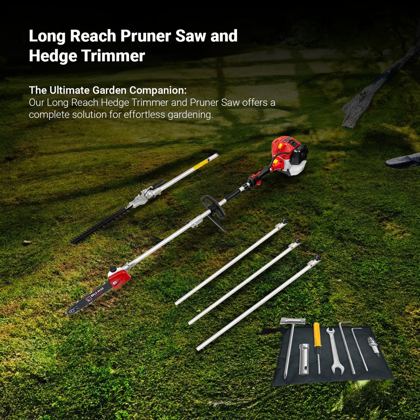 BU-KO 52cc Long Reach Petrol Hedge Trimmer and Pruner Saw with 3x 75cm Extension Pole and Toolbag for Convenient Storage, Ultimate Garden Tool for Precision Cutting, Trim Hedges and Prune with Ease