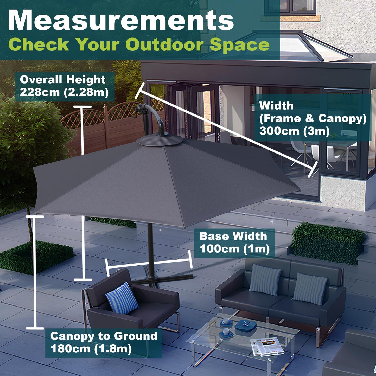 Divine Style 3M Cantilever Parasol with Base Weights Included and Free Waterproof Cover. The Perfect Garden Umbrella Parasol with Superb Stability, Versatility and Sun Shades for Garden