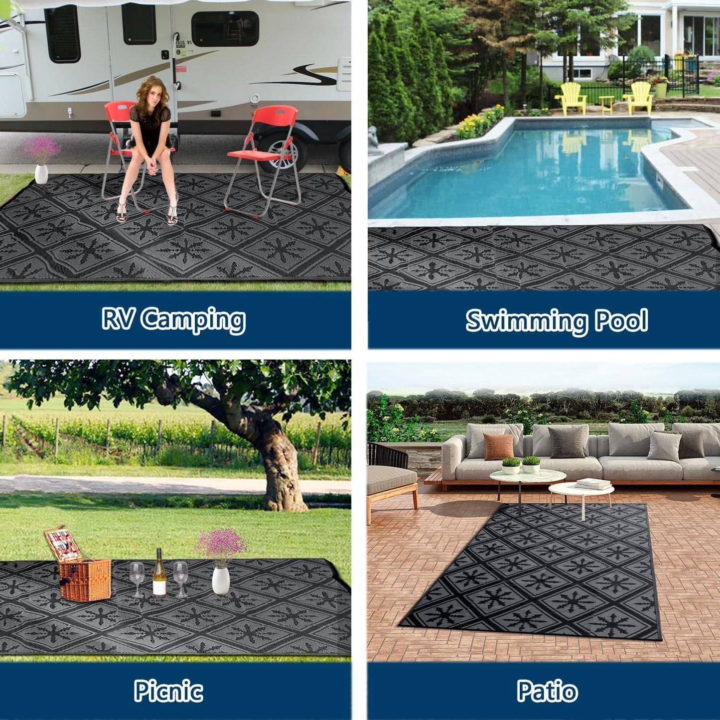 Enipate Outdoor Rugs for Patios Waterproof, 4x6ft Reversible Easy Cleaning Garden Rug, Portable Comfortable Woven Geometric Outdoor Carpet (Black & Grey)