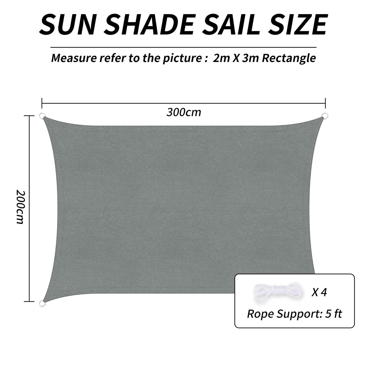 PATIO PLUS Sun Shade Sail 2 * 3m Rectangle, 300D Oxford Fabric Garden Sail PU Coating UV Block, Patio Canopy Durable for Outdoor Yard Lawn Pool Backyard Gray