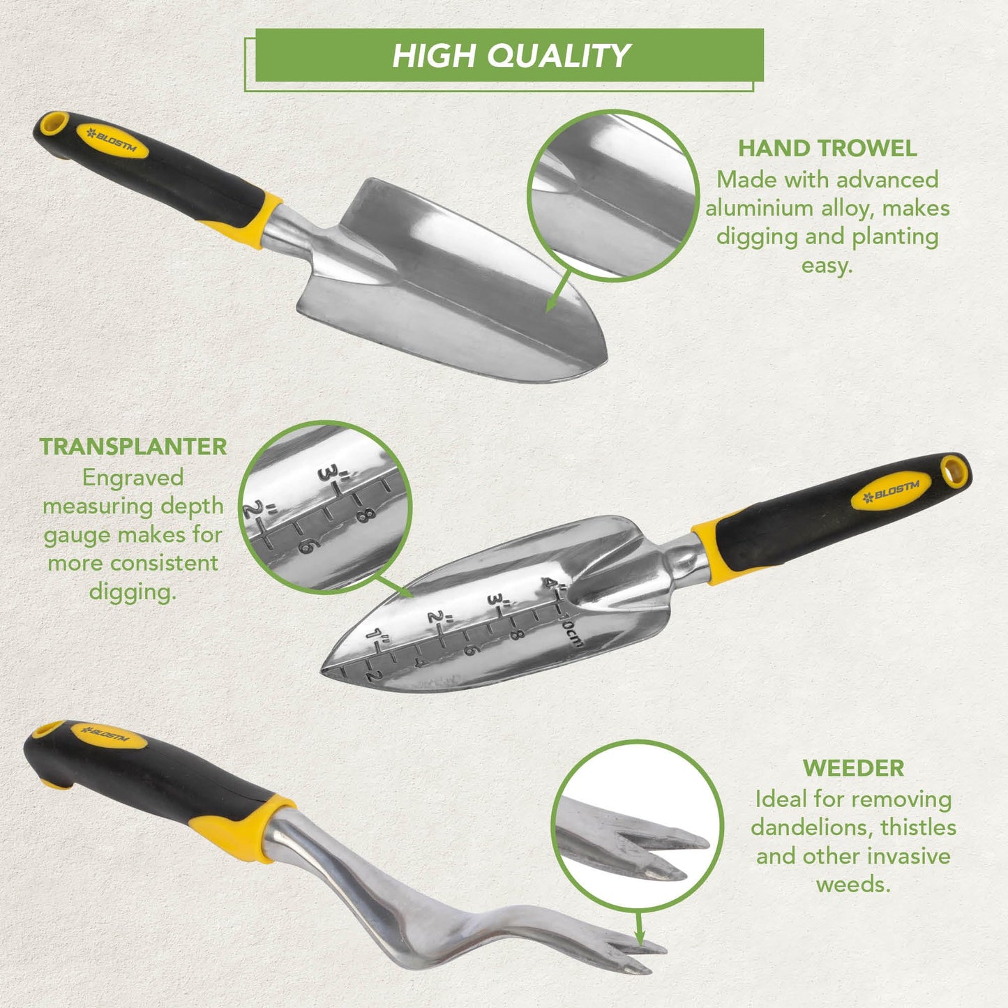 BLOSTM Gardening Tools Set 5 PCS - Heavy Duty Garden Tools for Gardening with Ergonomic Handles, Anti-Rust Trowel and Fork Set, Weeding Fork, Transplanter Trowel Set, Hand Rake