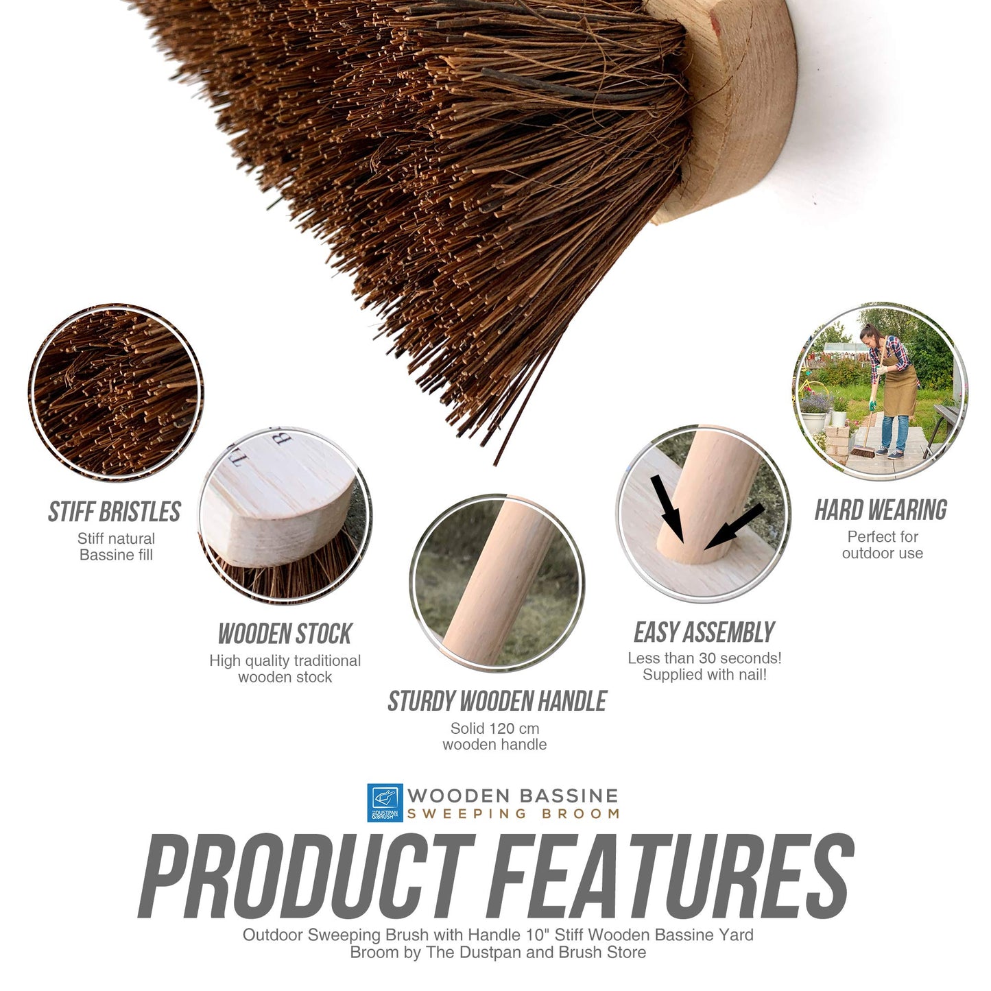 10” Garden Broom Outdoor with Wooden Handle Natural Stiff Bassine Hard Bristle Broom Yard Brush Heavy Duty Broom Outdoor Stiff Sweeping Yard Brush by The Dustpan and Brush Store