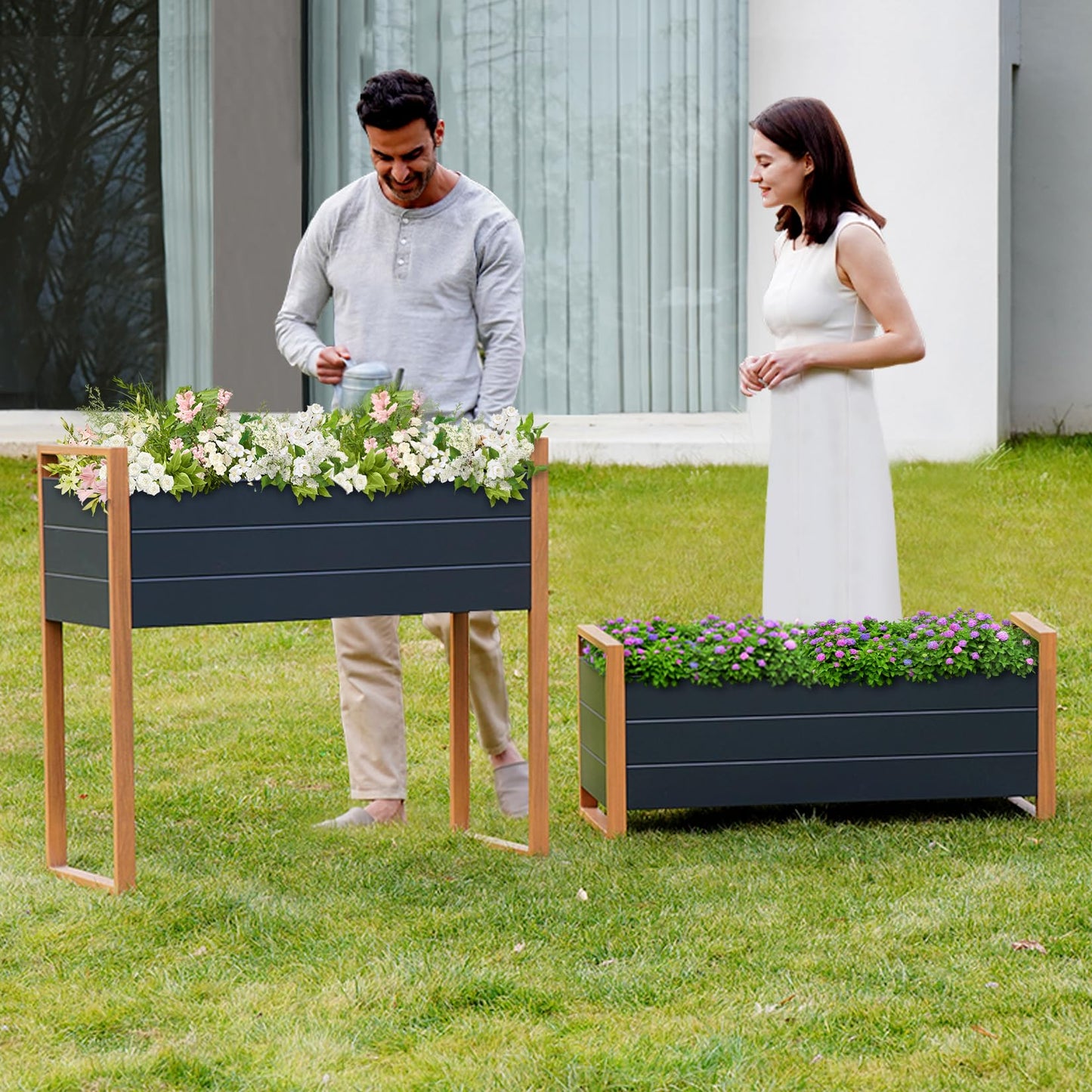 Grand patio Raised Planter for Garden, Raised Bed with Metall, Weather-Resistant, Easy to Assemble, Raised Planter Bed with Drainage Holes for Vegetables, Flowers, Fruits (100×38×91cm)