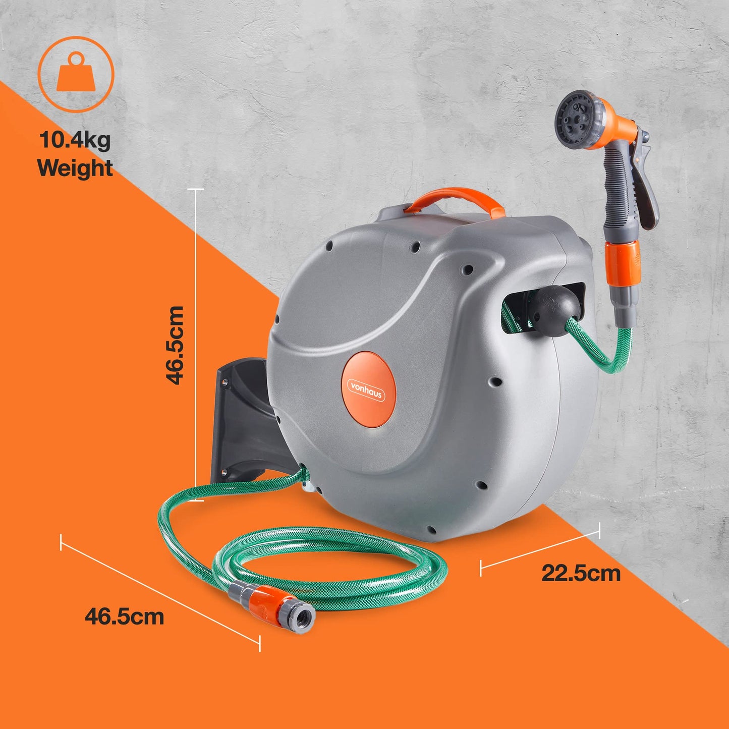 VonHaus Hose Reel 30m – Wall Mounted Hose Reel for Garden, Retractable, Auto Lock and Auto Rewind, Includes Wall Fixings and 8 Function Spray Gun, 180° Pivot Swivelling, Long Reach, Outdoor Watering