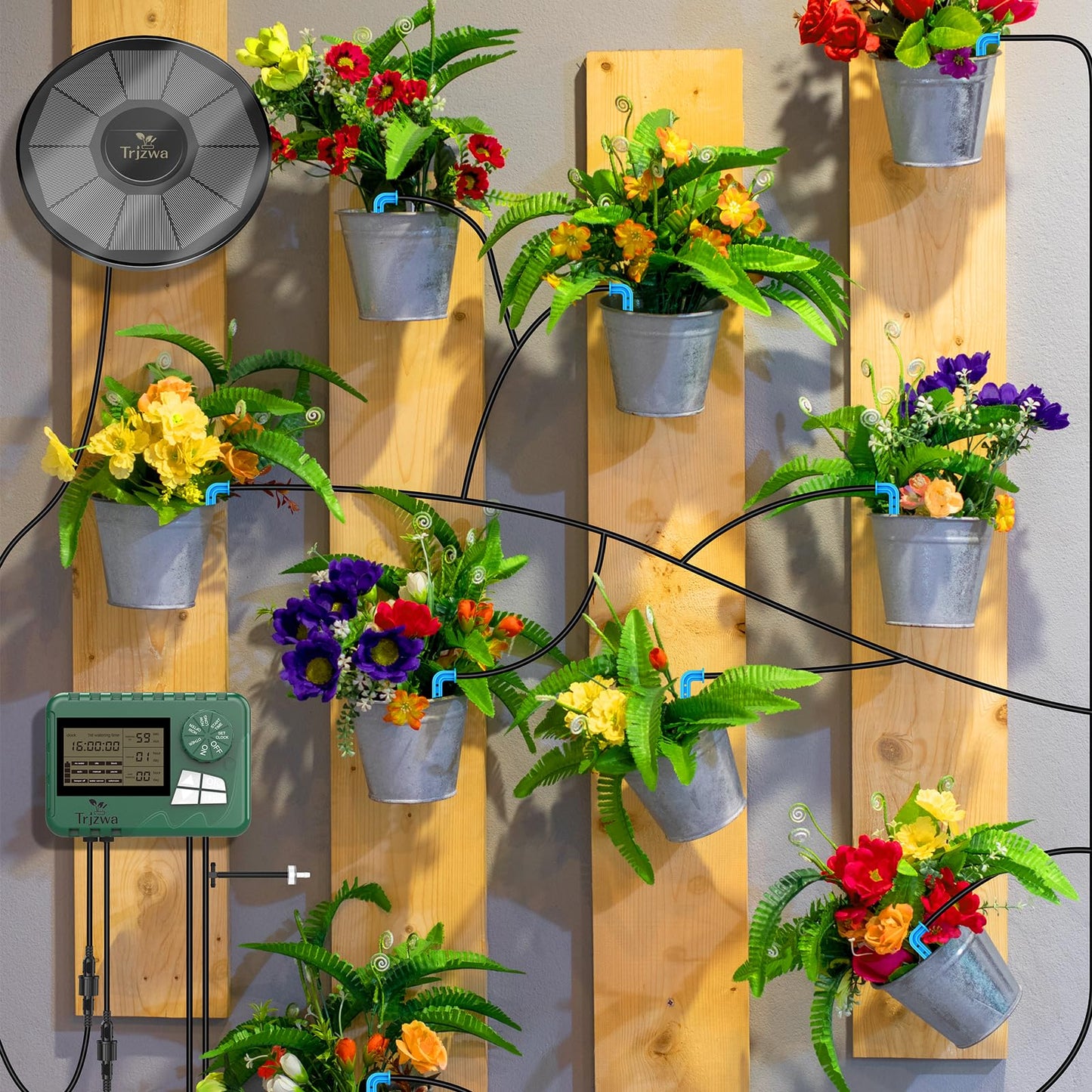 TRJZWA Solar Irrigation System Kit with Early Warning Function,DIY Solar Automatic Drip Irrigation Kits,Automatic Watering System with 15m Watering Hose and 15 Drippers for Balcony/Garden/Courtyard