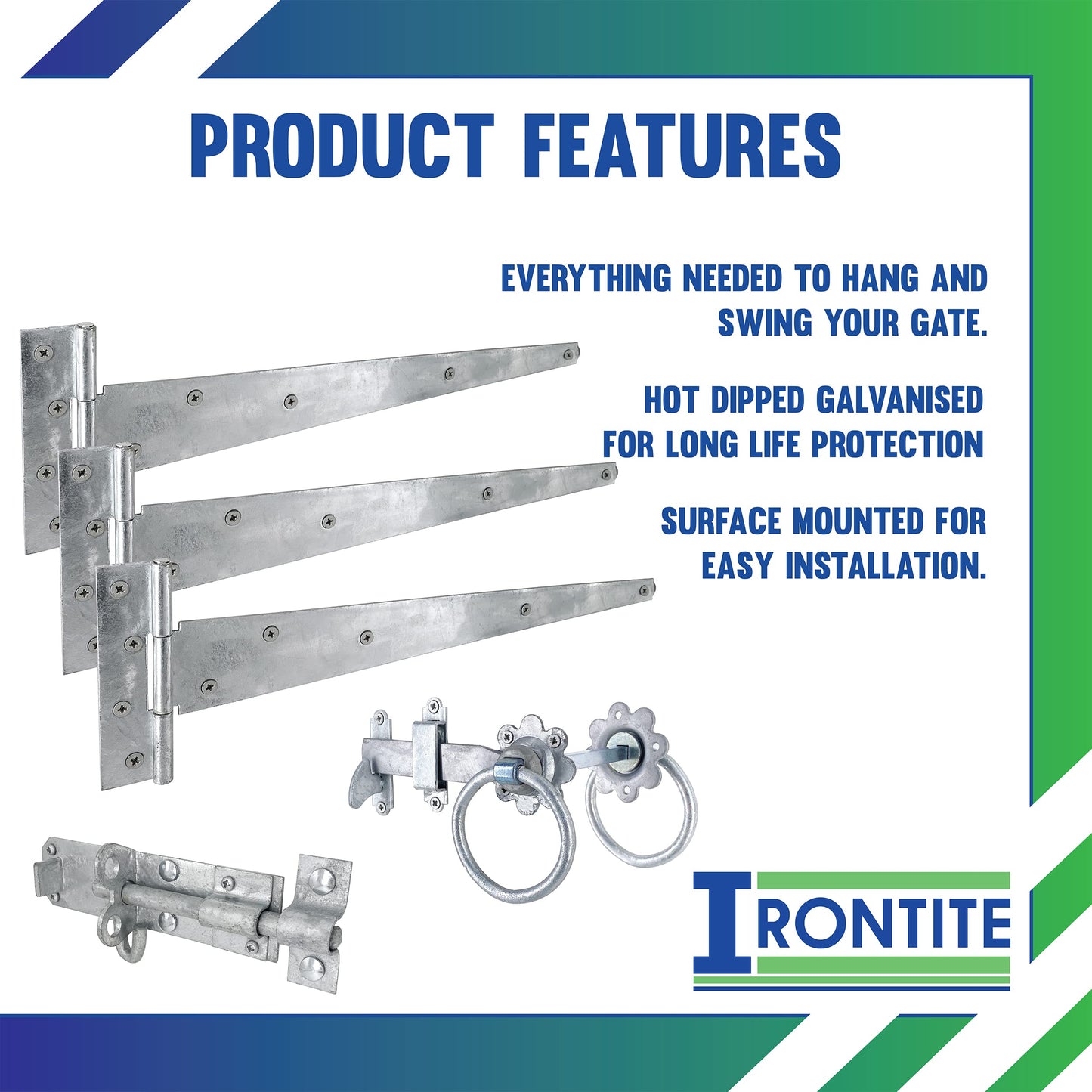 IRONTITE® Galvanised Gate Latch Kit with 450mm (18") T Hinges and Brenton Bolt. Garden Gate Kit Includes Garden Gate Hinges for Wooden Gates, Brenton Garden Gate Bolt, and Ring Gate Latch.