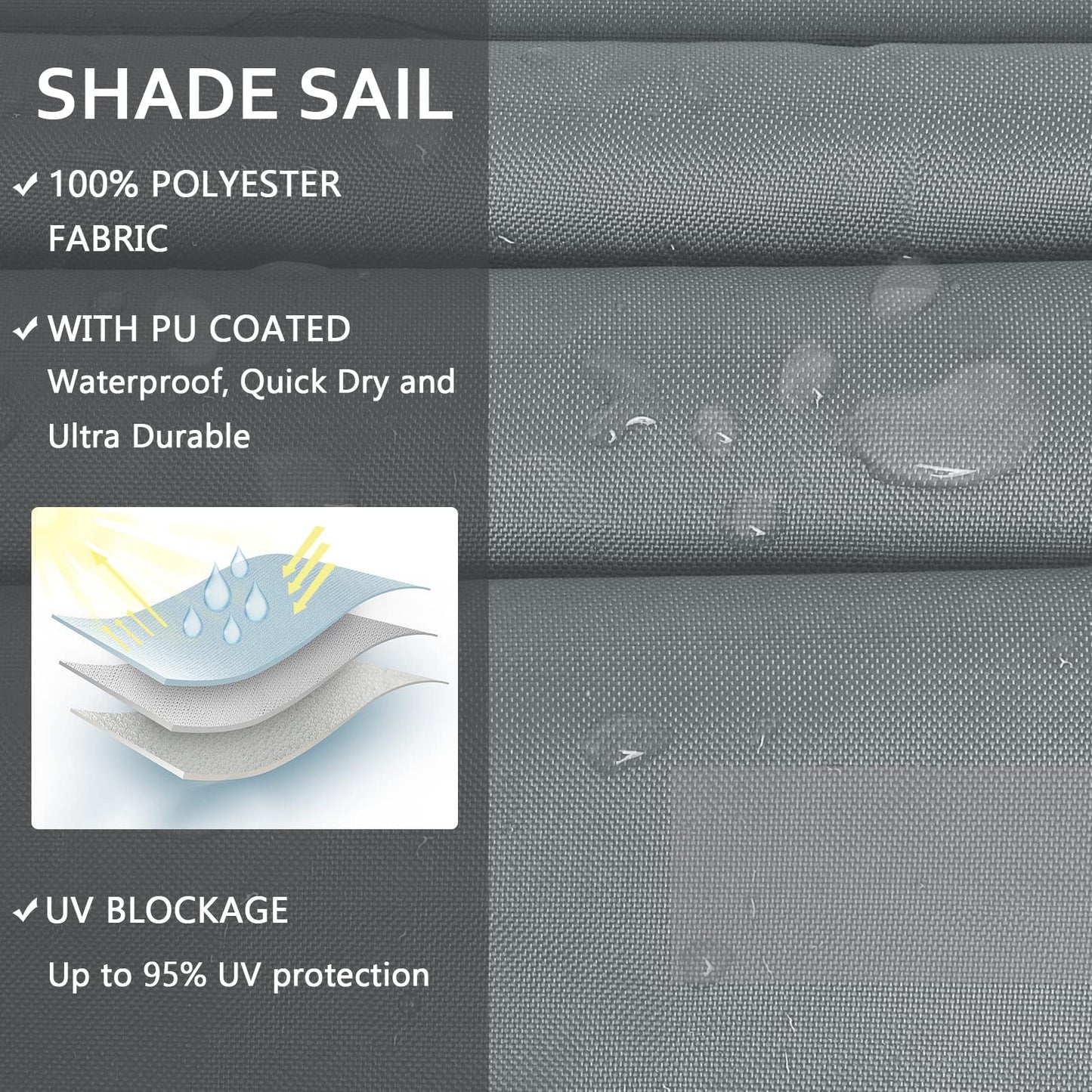 Mokani Sun Shade Sail, 3x3m Rectangle Sunscreen Awning Canopy, Waterproof Shade Sail, 95% UV Block with Free Rope, for Outdoors, Garden, Patio, Yard, Party(Grey)