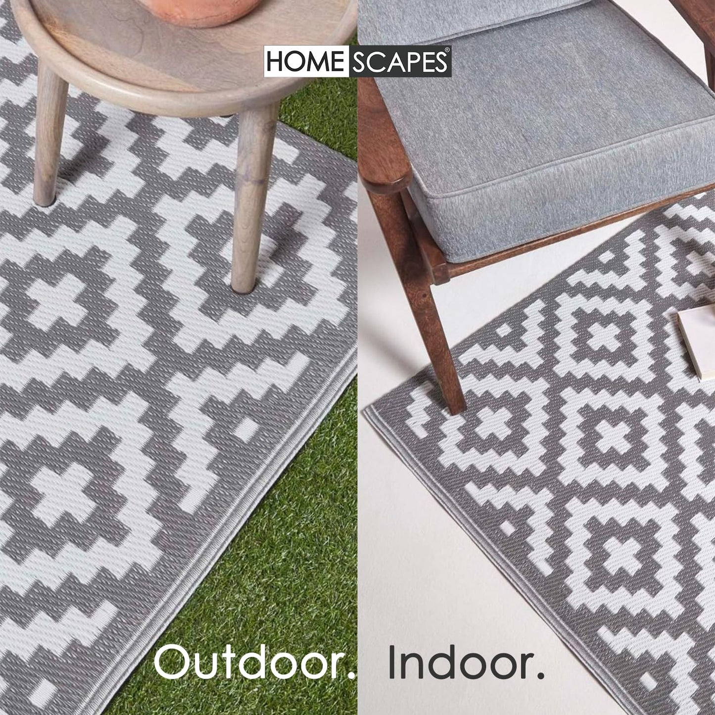 HOMESCAPES Luxury Large Outdoor Rugs for Garden Patio Waterproof 100% Recycled Plastic Mat Carpet 120 x 180cm Reversible White & Grey Geometric Rug “Zoe, Indoor/Outside & Portable, Seamless
