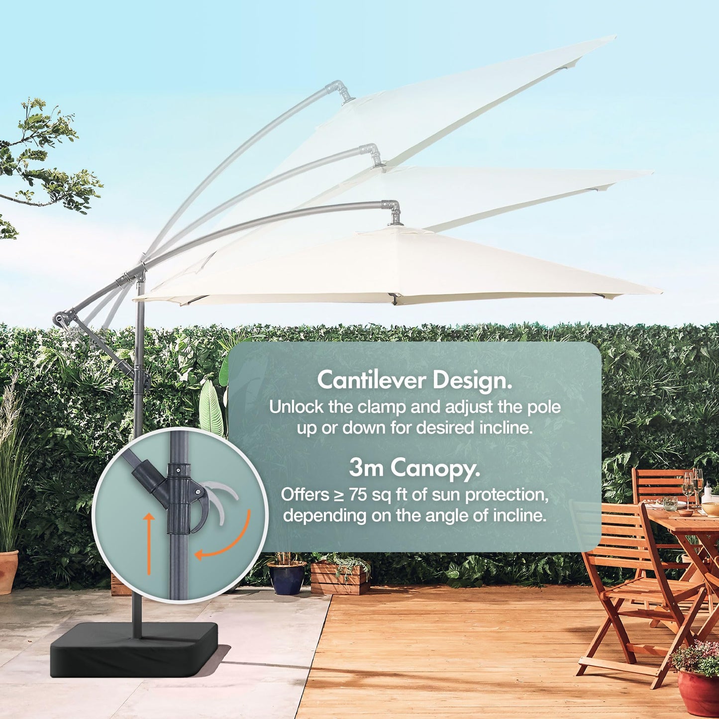 VonHaus Banana Parasol 3M – Cantilever Hanging Parasol Umbrella for Outdoor, Garden, Patio – Sun Shade Canopy with Hand Crank, Tilt & Rotate Function, UV30- Protection, Air Vent, Steel Frame – Cream