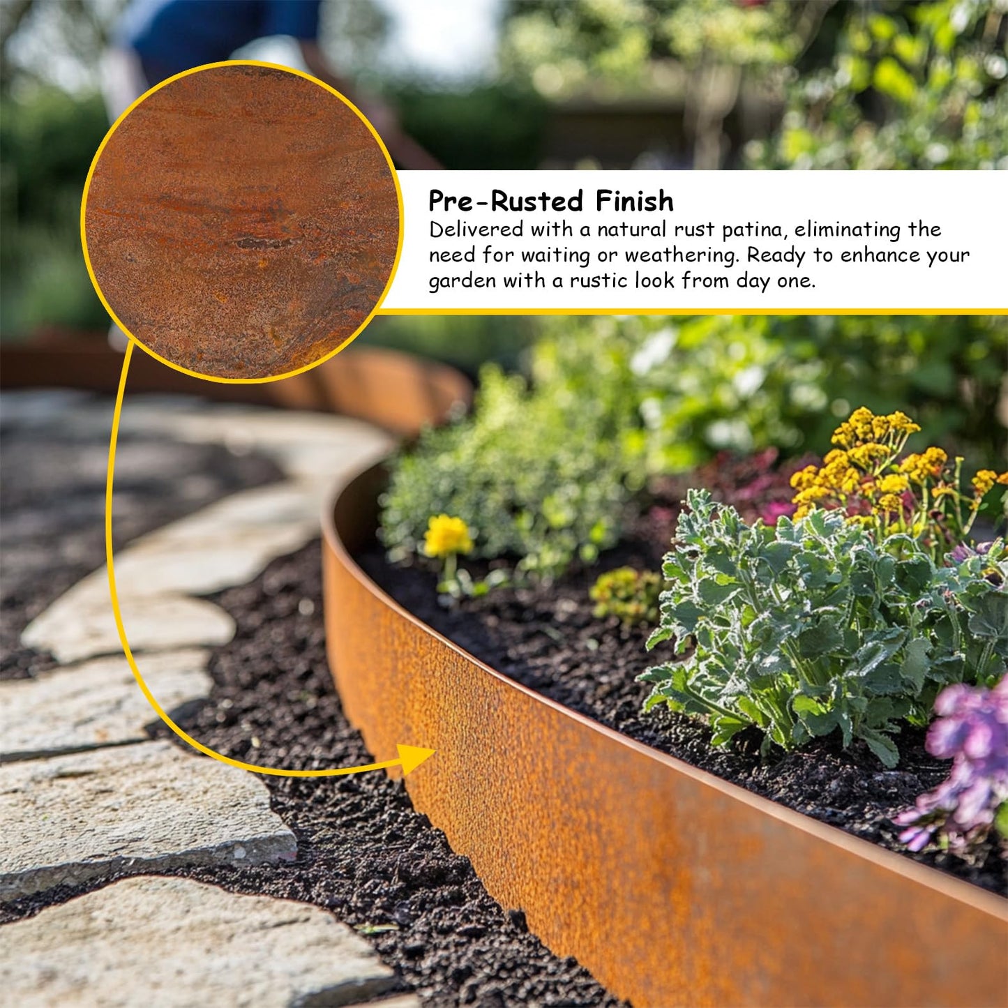 Corten Steel Metal Lawn Edging 5 Metre (16.5ft), Roll, Pre-Rusted Metal Garden Edging 14 cm High, Easy to install Garden Edge Border, Safety Gloves Included